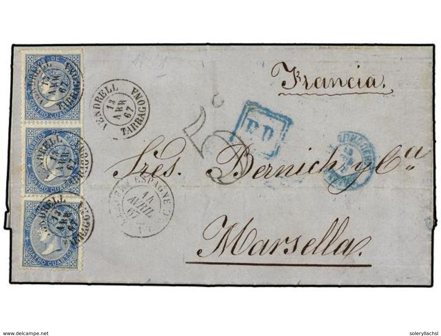 193 ESPAÑA. Ed.88 (3). 1867. VENDRELL A FRANCIA. <B>4 Cuartos</B> Azul (3). Mat. Fechador <B>VENDRELL/TARRAGONA</B>. RAR - Other & Unclassified