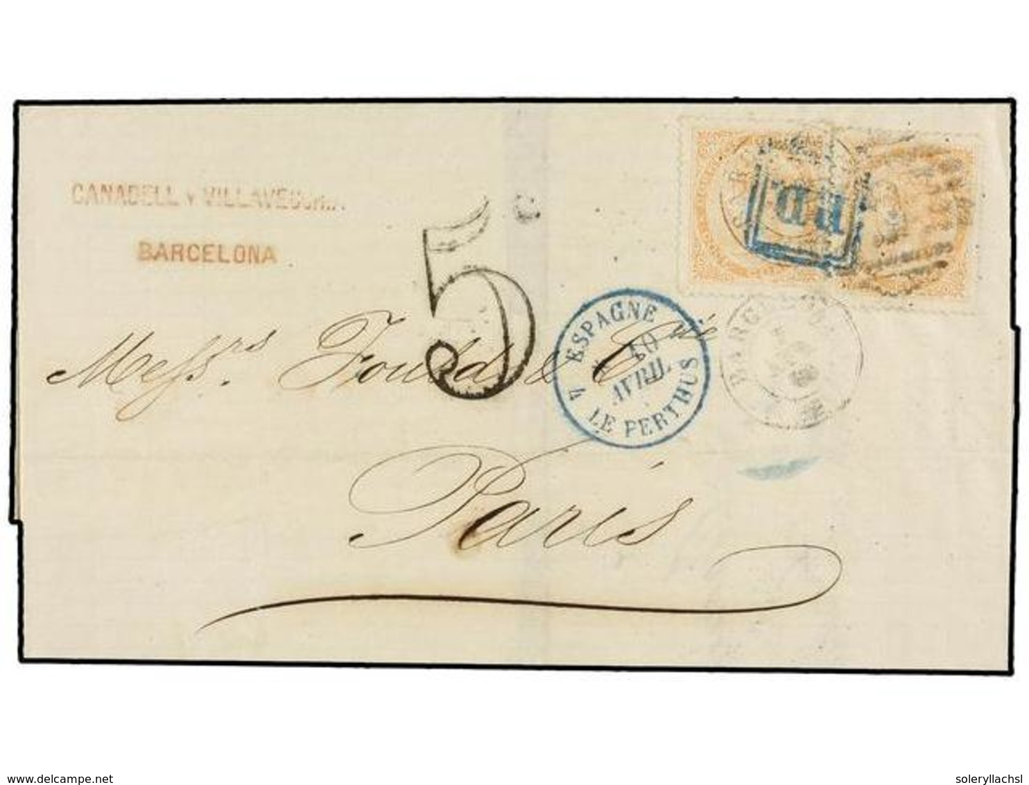 194 ESPAÑA. Ed.89 (2). 1868. BARCELONA A PARÍS. <B>12 Cuartos</B> Naranja (2), Mat. <B>P.D.</B> Sobre Los Sellos. PRECIO - Autres & Non Classés