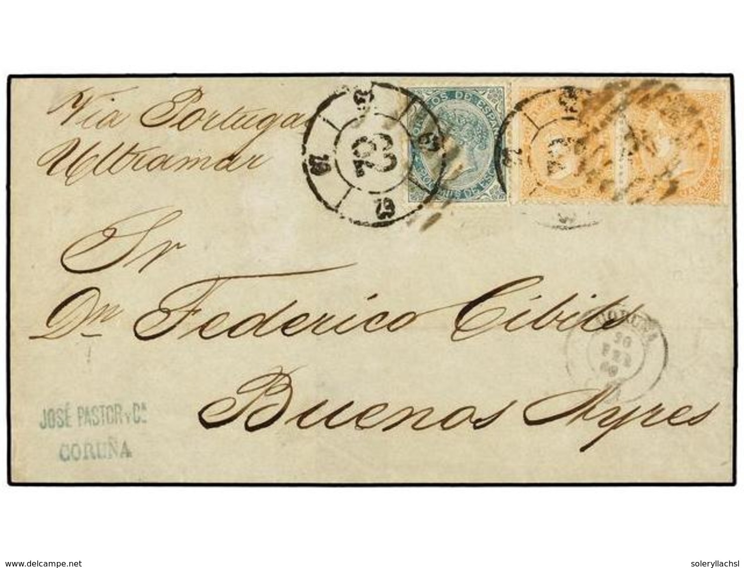 195 ESPAÑA. Ed.89 (2), 100. 1869. CORUÑA A BUENOS AIRES.<B> 12 Cuartos</B> Naranja (2) Y <B>200 Mils.</B> Verde, Mat.<B> - Otros & Sin Clasificación