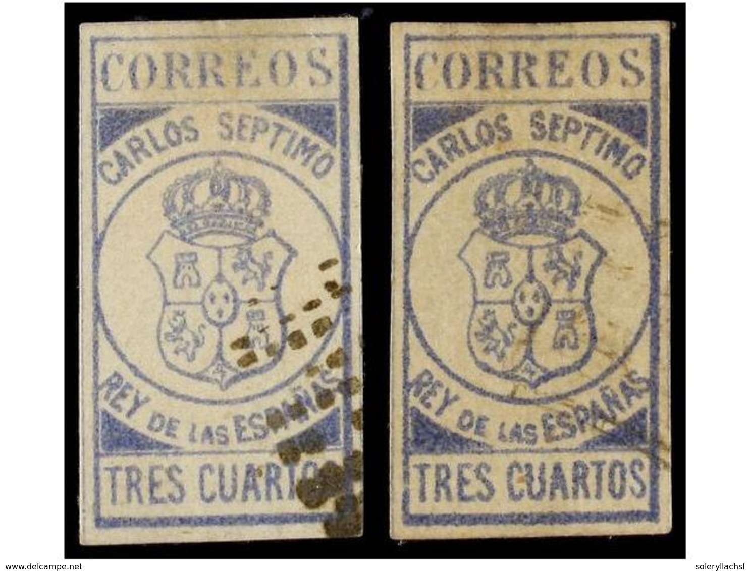 247 ° ESPAÑA. <B>EJÉRCITO REAL DE CATALUÑA. 3 Cuartos</B> Azul (Gálvez 235A). 2 Sellos Uno Con Mat. De <B>PUNTOS</B> Y E - Sonstige & Ohne Zuordnung