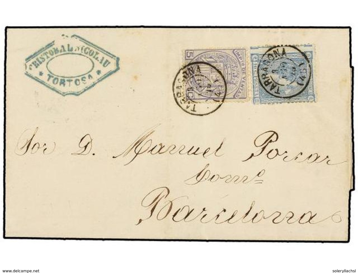 254 ESPAÑA. Ed.164. 1875. TORTOSA A BARCELONA. <B>10 Cts.</B> Azul Y Sello De <B>IMPUESTO DE VENTAS</B> De <B>5 Cents.</ - Sonstige & Ohne Zuordnung