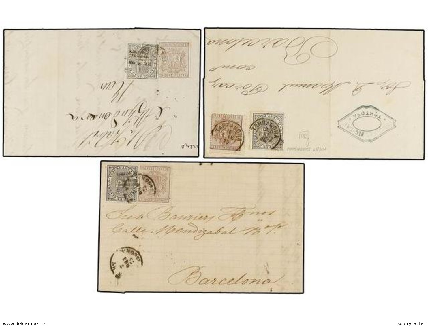 272 ESPAÑA. Ed.172A (6). 1875. Conjunto De 5 Cartas Usadas En REUS, TORTOSA Y TARRAGONA Con Sello De <B>5 Cts.</B> Negro - Other & Unclassified