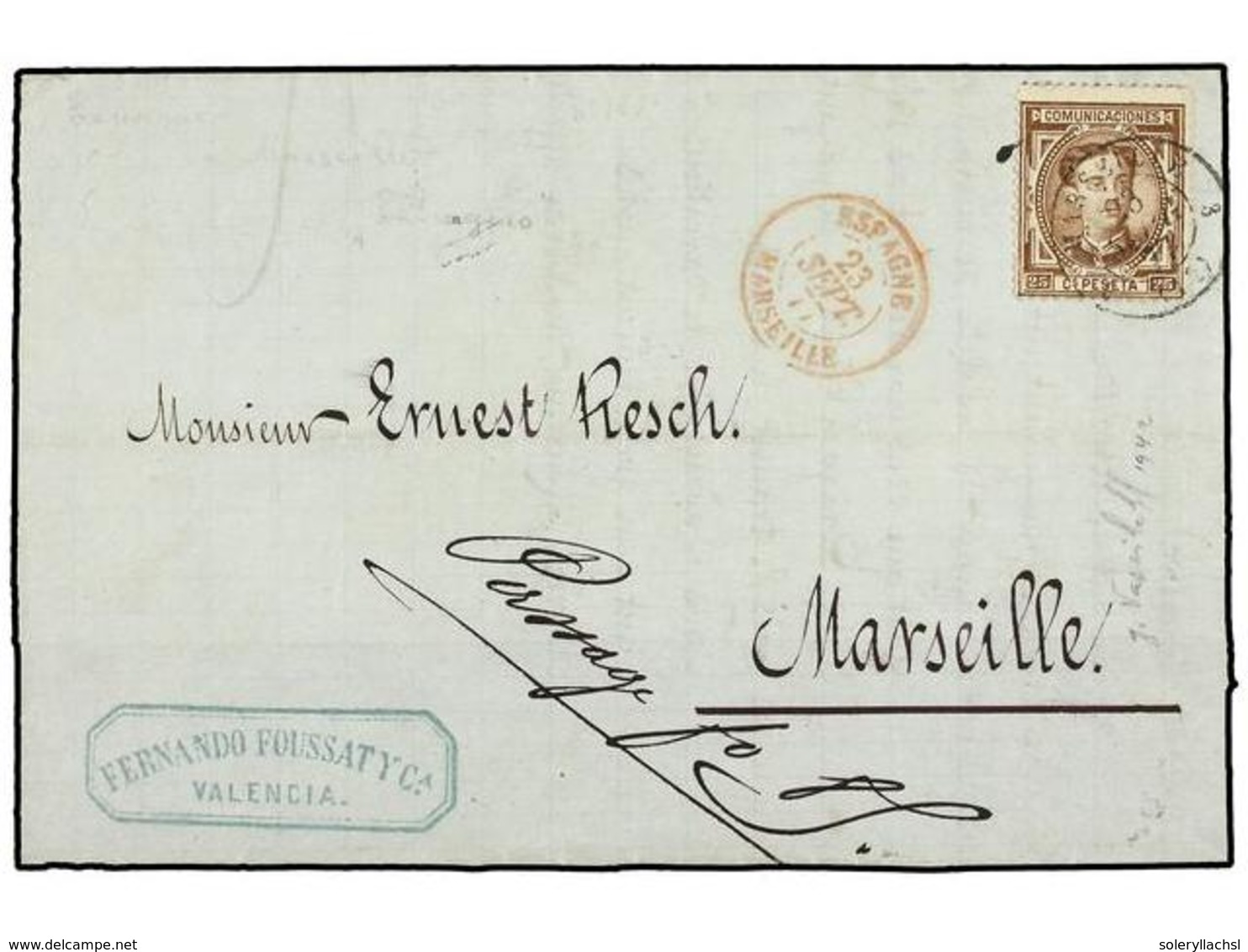 276 ESPAÑA. Ed.177. 1877. FRONTAL Con Gran Parte Del Dorso. VALENCIA A MARSELLA. <B>25 Cts.</B> Castaño, Mat. A La Llega - Other & Unclassified