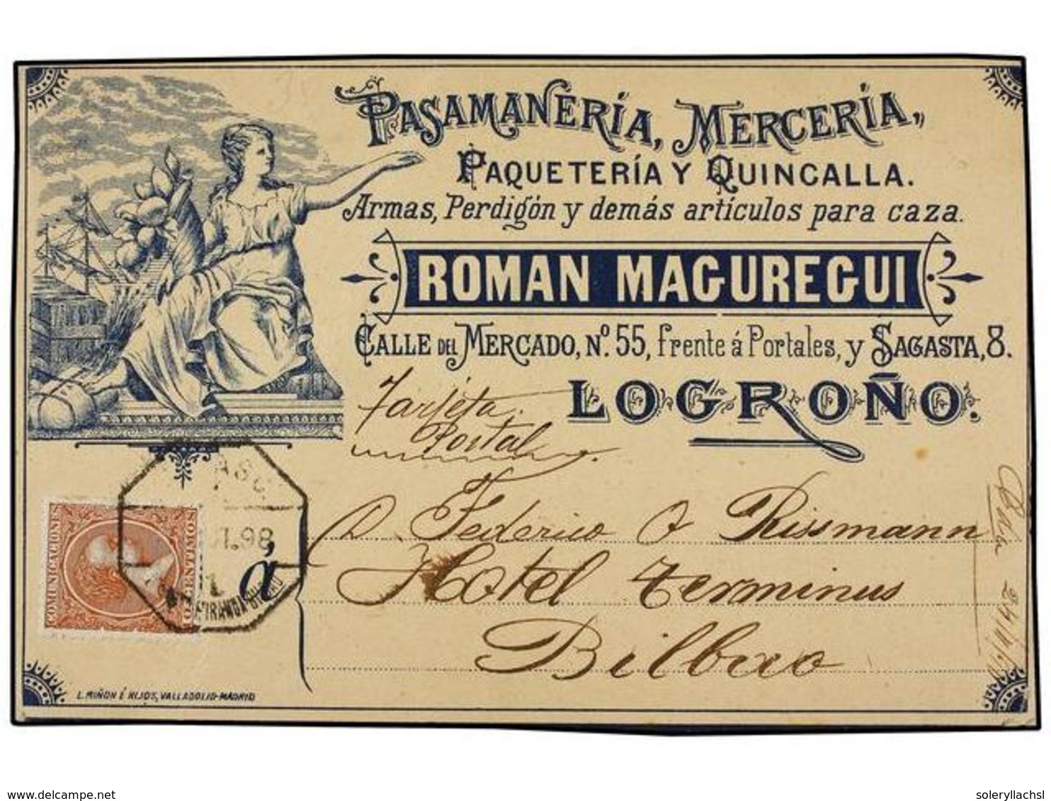 311 ESPAÑA. Ed.215. 1898. Tarjeta Postal De <B>ROMAN MAGUREGUI. PASAMANERIA. MERCERIA</B> De LOGROÑO Circulada Con Sello - Autres & Non Classés