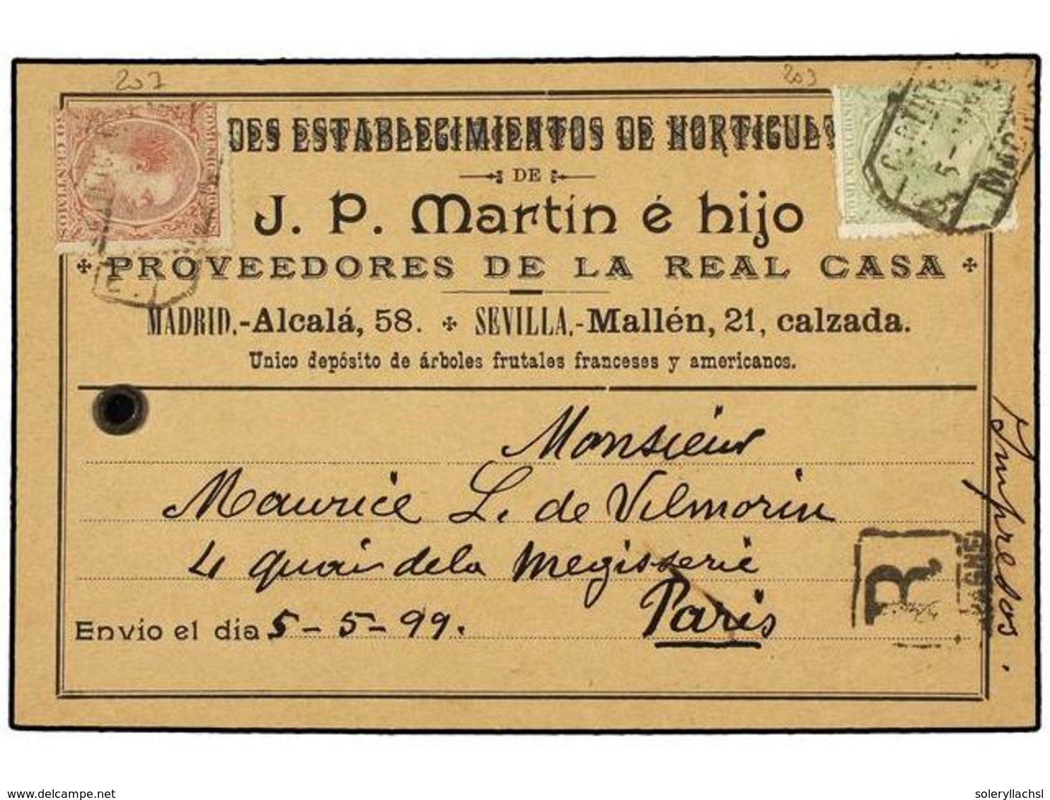 314 ESPAÑA. Ed.220, 224. 1899. Etiqueta Tarjeta Para Paquete Postal De <B>J.P. MARTIN E HIJO</B> De MADRID Circulada A P - Autres & Non Classés