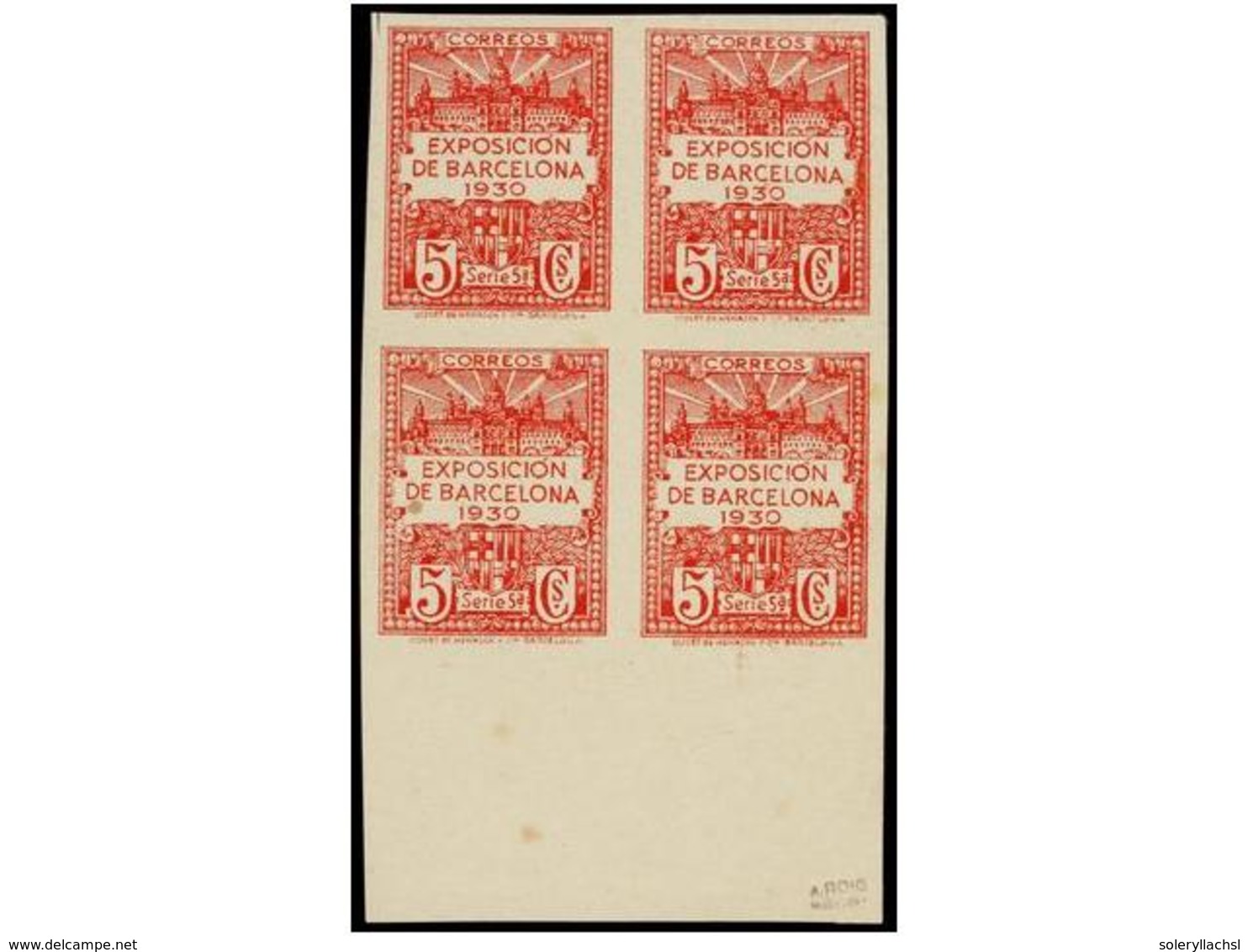 742 (*) ESPAÑA: AYUNTAMIENTO DE BARCELONA. Ed.5. <B>5 Cts.</B> Rosa En Bloque De Cuatro<B> SIN DENTAR</B>, Papel Cartull - Other & Unclassified