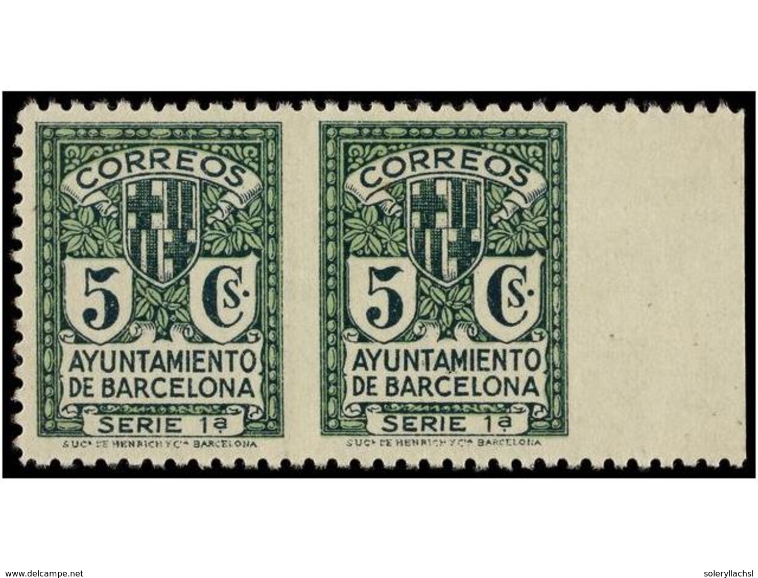 765 * ESPAÑA: AYUNTAMIENTO DE BARCELONA. Ed.9spha, 10smd. <B>5 Cts.</B> Dos Sellos <B>SIN DENTAR MARGEN DERECHO.</B> - Autres & Non Classés