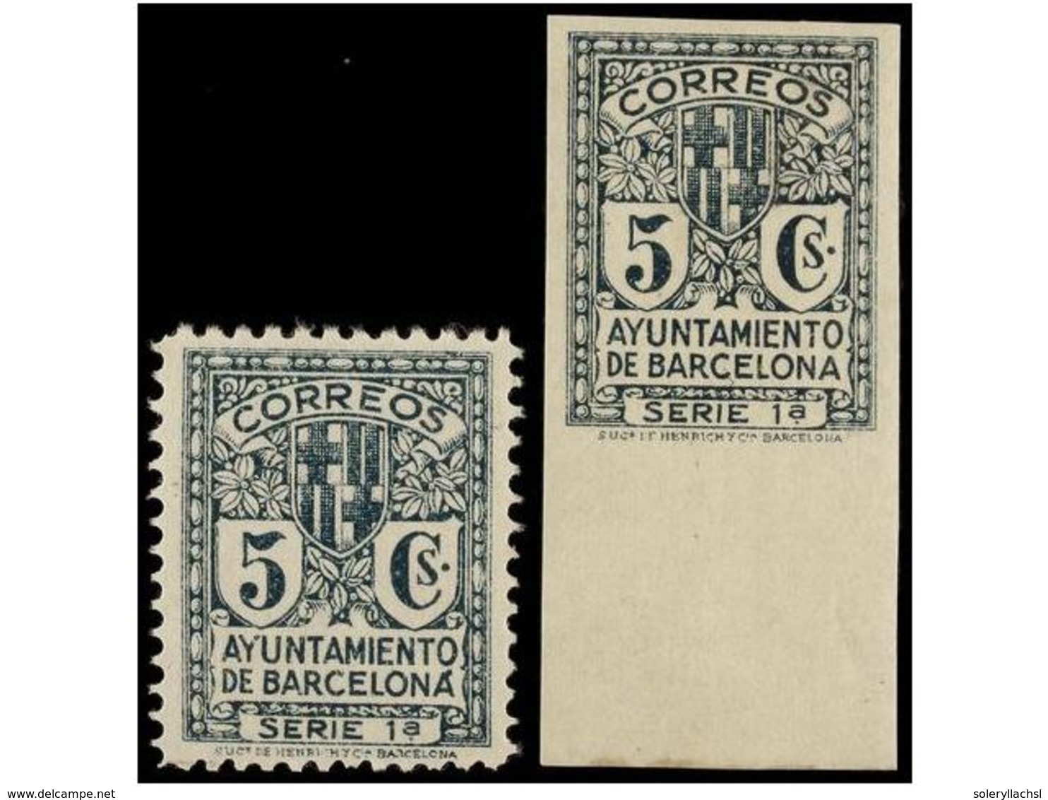 767 ** ESPAÑA: AYUNTAMIENTO DE BARCELONA. Ed.9ef, Efs. <B>5 Cts.</B> Verde UNICOLOR<B> DENTADO</B> Y <B>SIN DENTAR. </B> - Autres & Non Classés