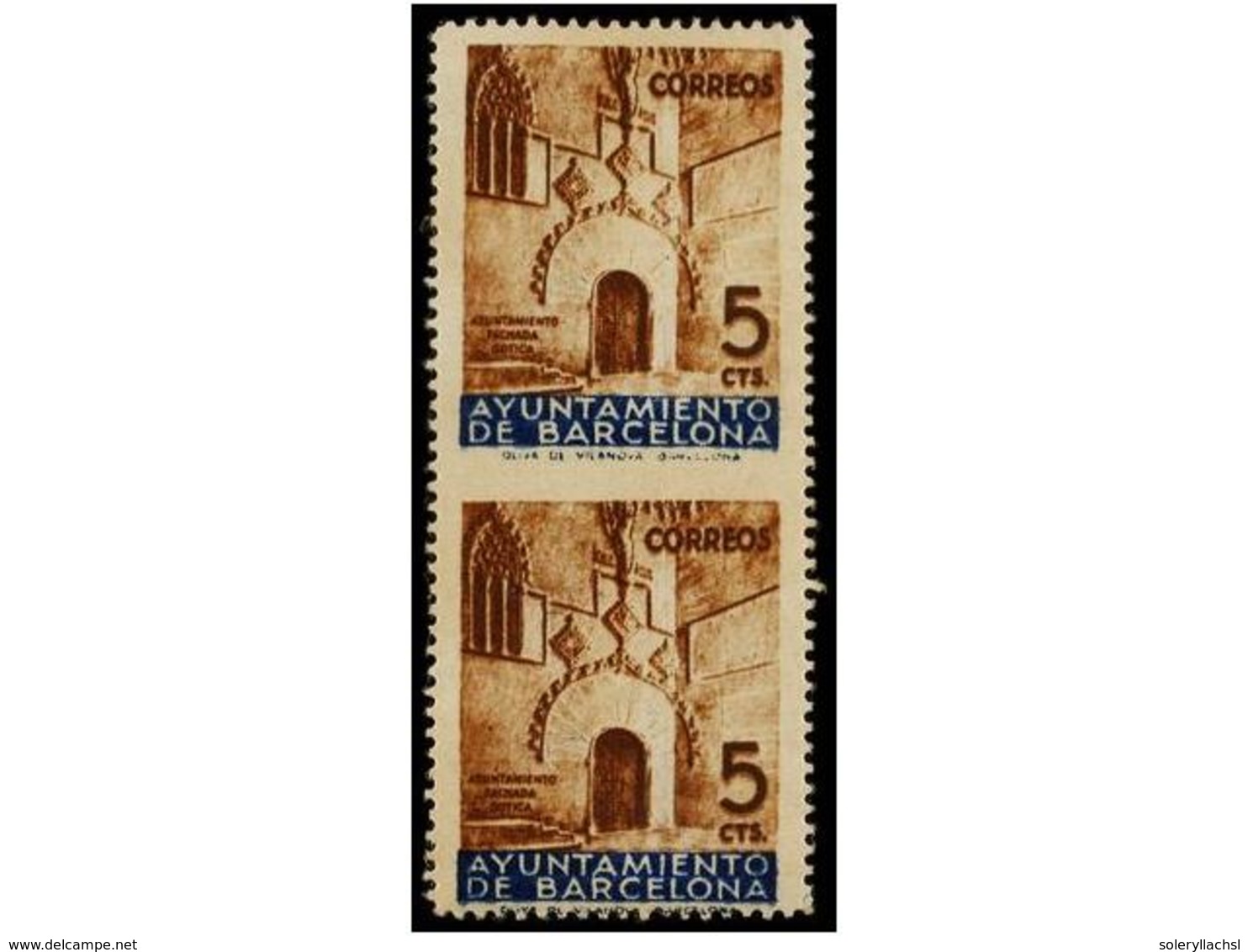 770 ** ESPAÑA: AYUNTAMIENTO DE BARCELONA. Ed.13spv. <B>5 Cts.</B> Castaño Y Azul. Pareja Vertical <B>SIN DENTAR EN MEDIO - Other & Unclassified