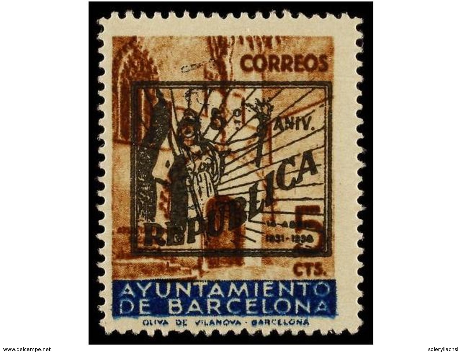 777 ** ESPAÑA: AYUNTAMIENTO DE BARCELONA. <B>NO EMITIDO. 5 Cts.</B> Castaño Y Azul<B> ENSAYO DE HABILITACIÓN</B> Finalme - Sonstige & Ohne Zuordnung