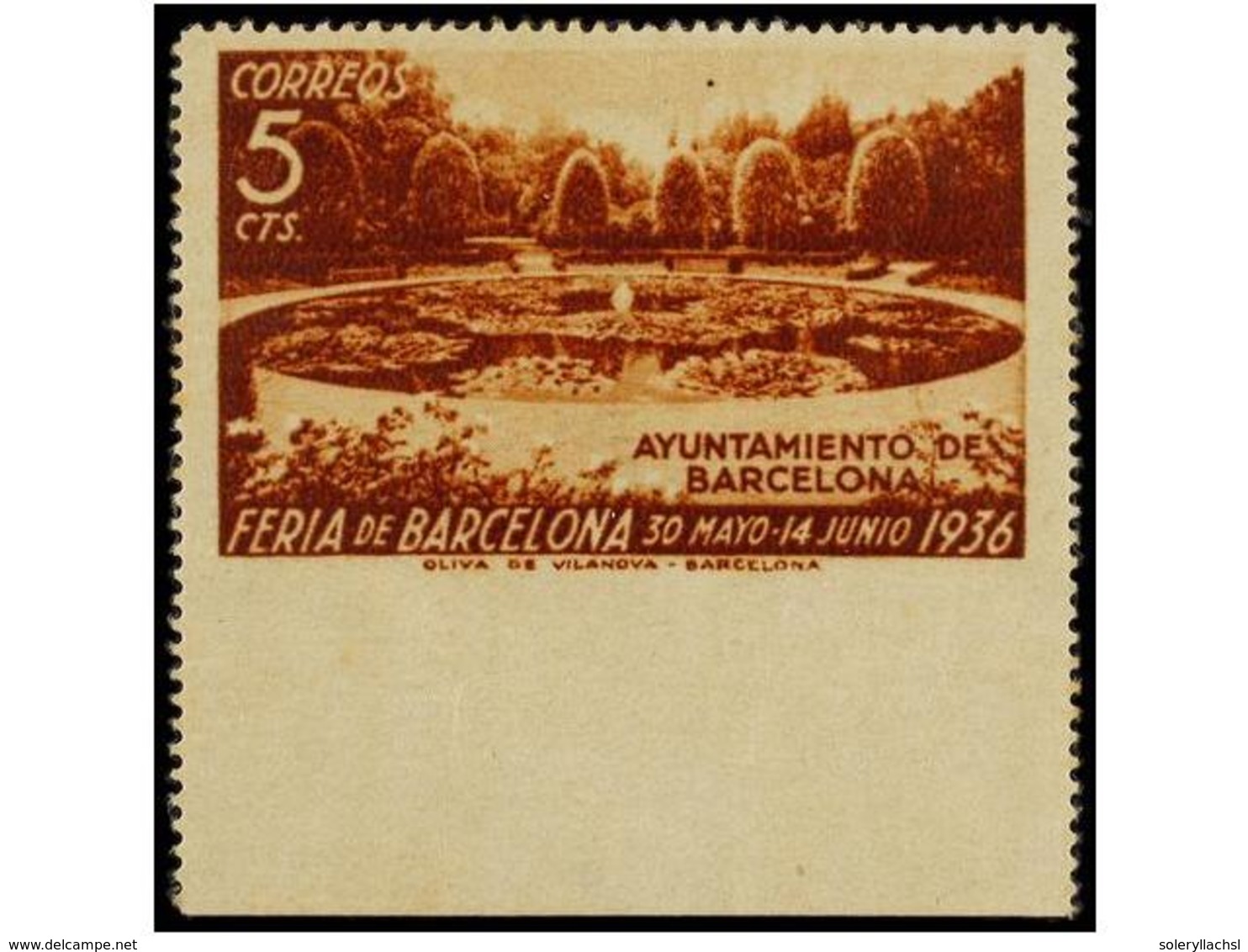 782 * ESPAÑA: AYUNTAMIENTO DE BARCELONA. Ed.15smzs. <B>5 Cts.</B> Castaño.<B> SIN DENTAR MARGEN INFERIOR. </B>MUY RARO.  - Other & Unclassified