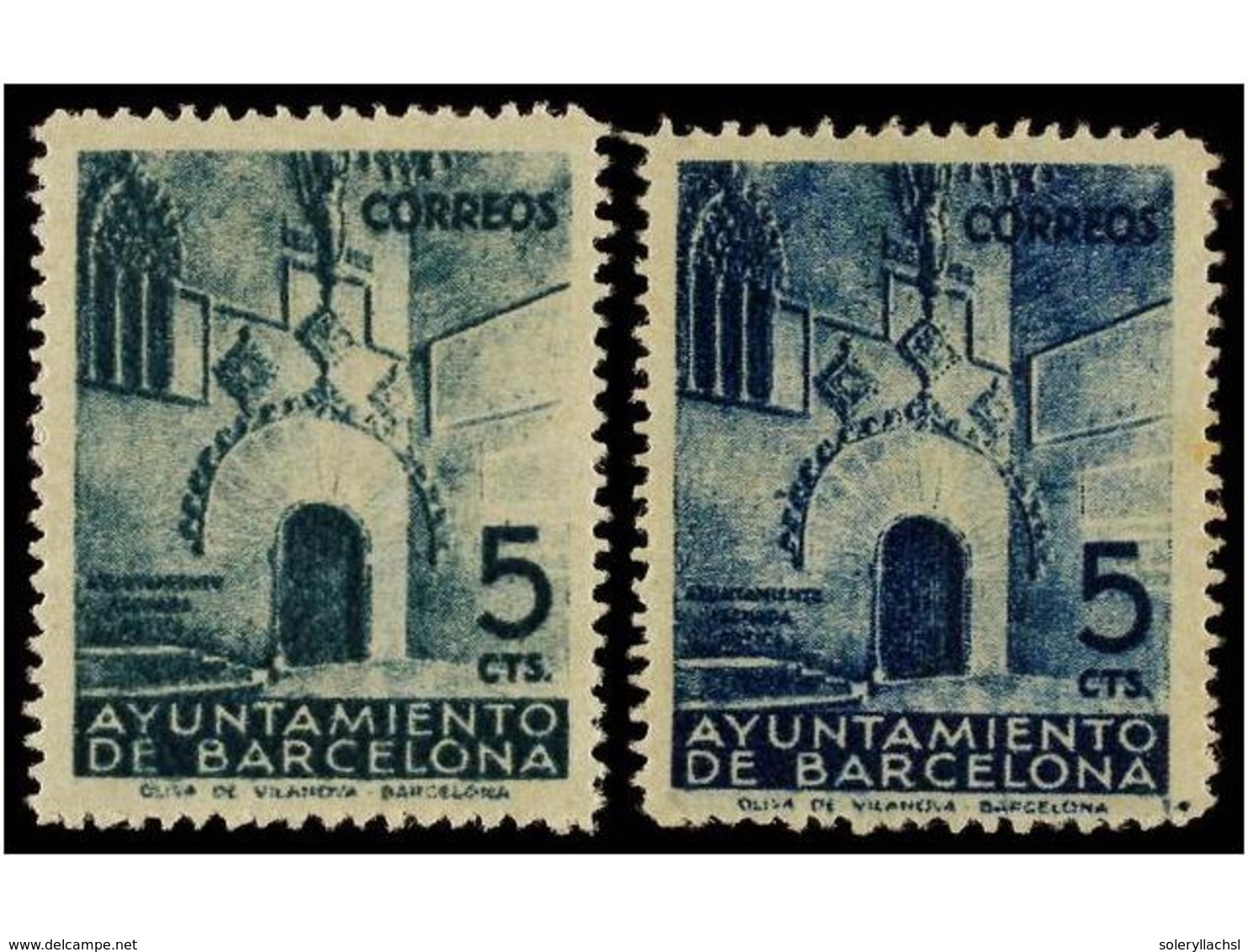 783 * ESPAÑA: AYUNTAMIENTO DE BARCELONA. Ed.19cc. <B>5 Cts.</B> <B>AZUL OSCURO. ERROR DE COLOR.</B> Este Sello Lleva Num - Autres & Non Classés