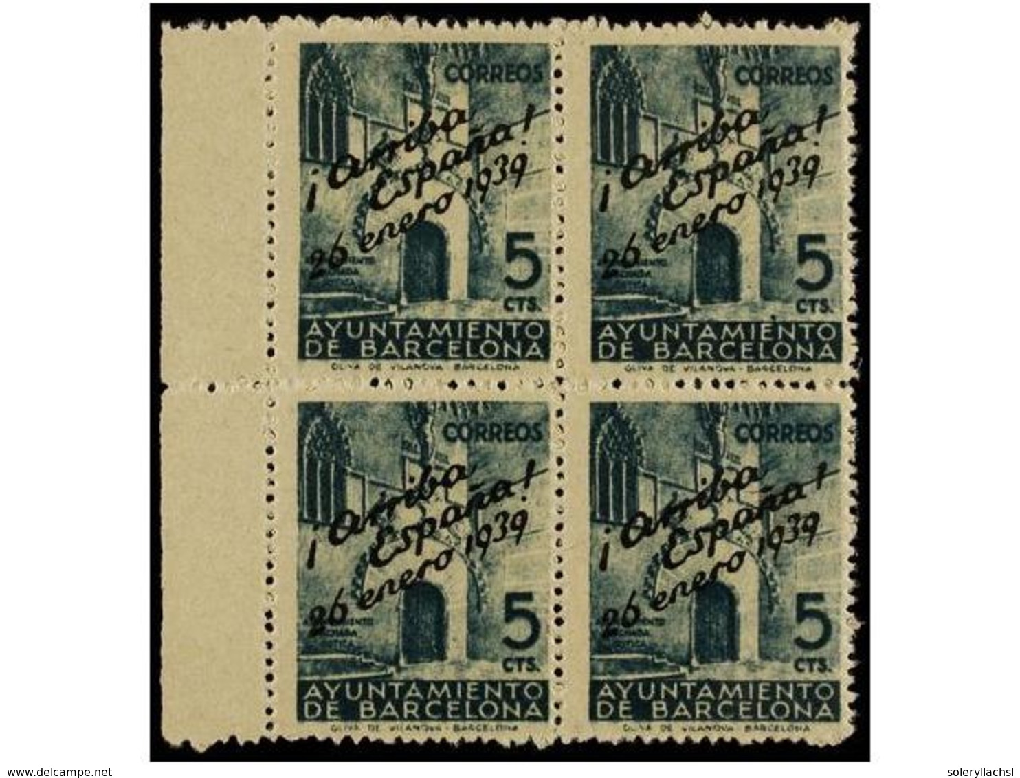 787 ** ESPAÑA: AYUNTAMIENTO DE BARCELONA. Ed.22hcc. <B>5 Cts.</B> Verde. Bloque De Cuatro<B> HABILITACIÓN EN NEGRO. </B> - Sonstige & Ohne Zuordnung