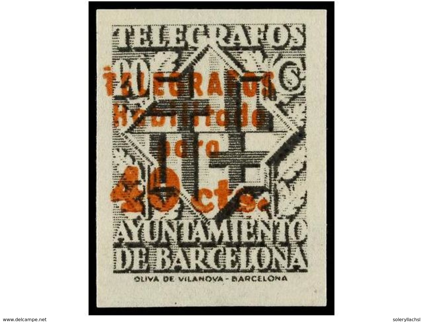 821 * ESPAÑA: AYUNTAMIENTO DE BARCELONA. Ed.T-17Dccs. <B>TELÉGRAFOS. 40 Cts. S. 20 Cts.</B> Negro, Habilitación En Color - Autres & Non Classés