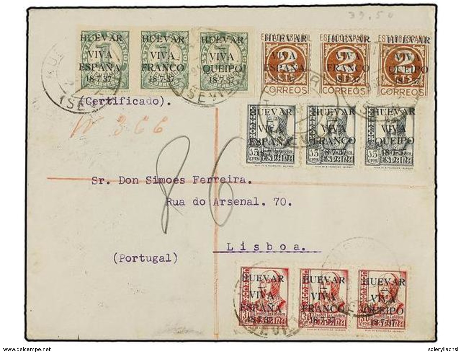 859 ESPAÑA E. LOCALES PATRIOTICAS: HUEVAR. Ed.44, 47/49. 1938. HUEVAR A LISBOA. <B>1 Cto., 2 Cts.</B>, <B>15 Cts.</B> Y  - Autres & Non Classés