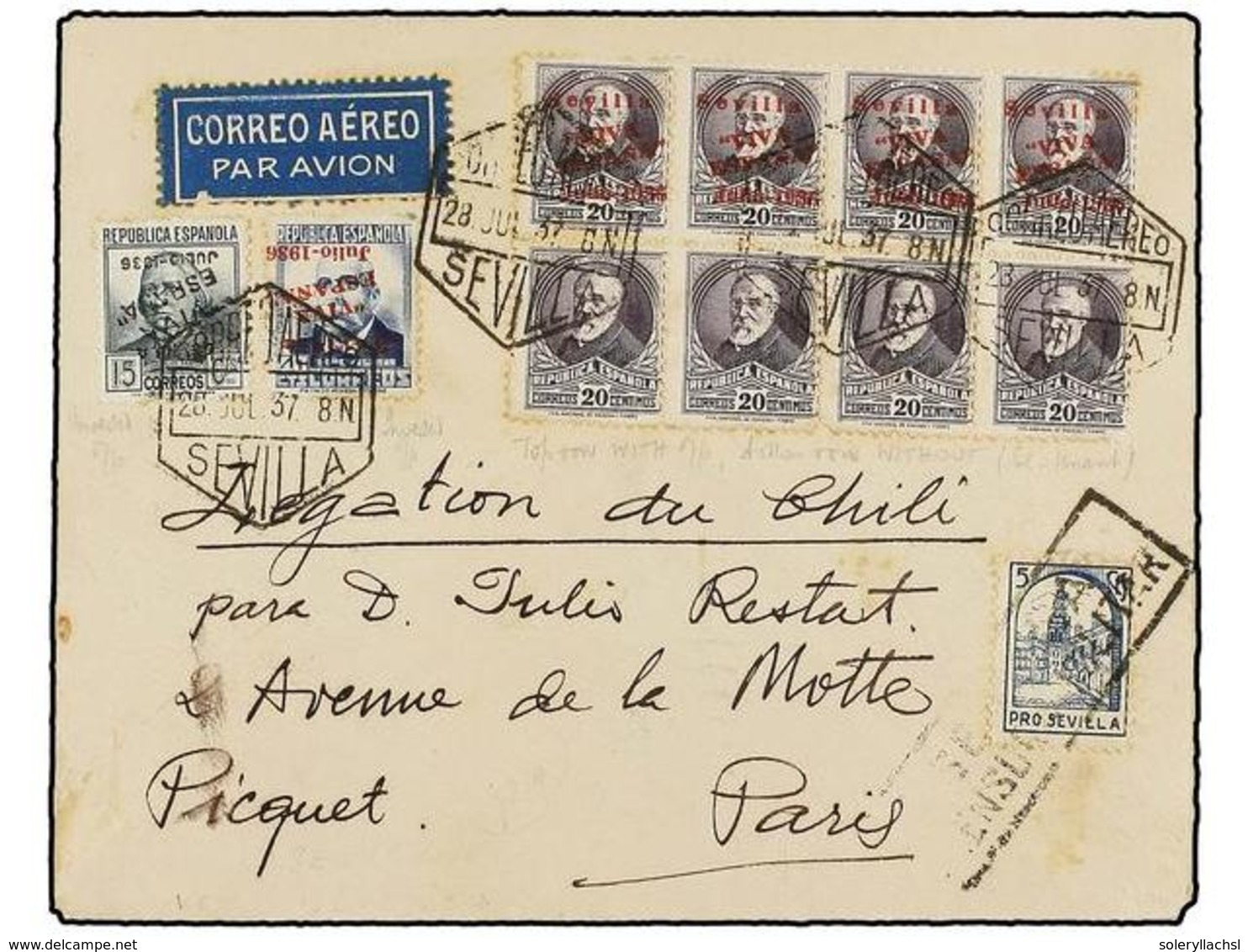 862 ESPAÑA E. LOCALES PATRIOTICAS: SEVILLA. Ed.5hi, 27hi, 23hpv (4). 1937. SEVILLA A PARÍS. Precioso Franqueo Con Varied - Sonstige & Ohne Zuordnung