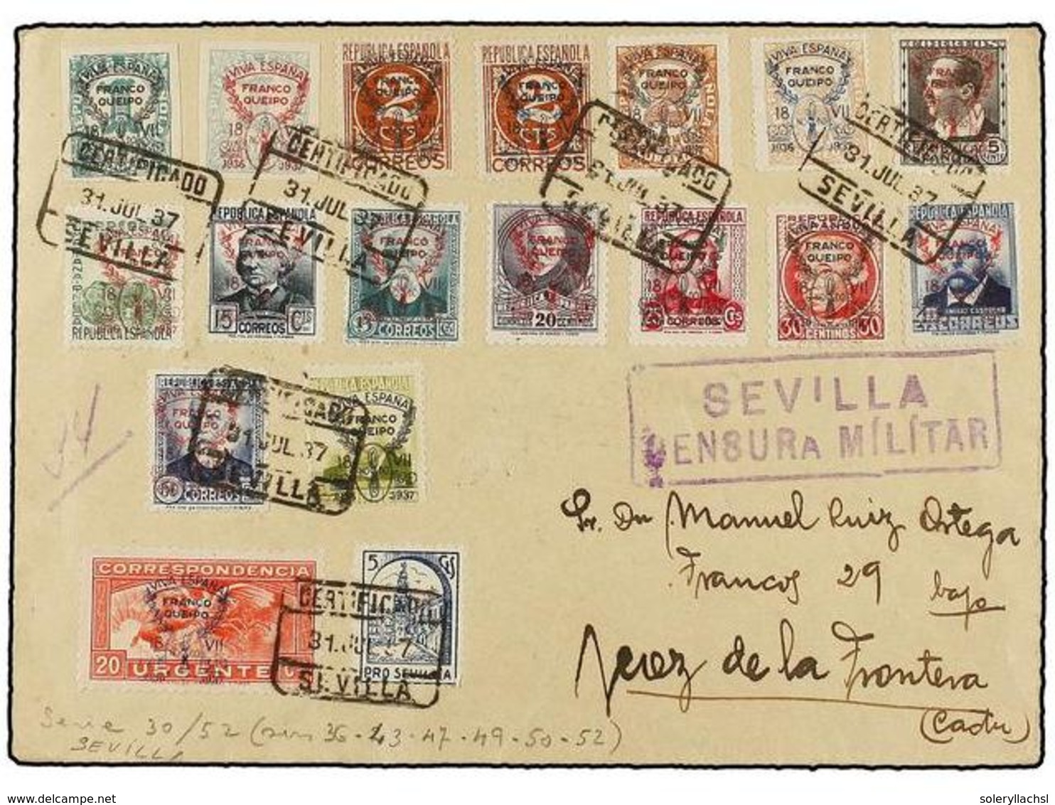 863 ESPAÑA E. LOCALES PATRIOTICAS: SEVILLA. Ed.30/48. 1937. SEVILLA A JEREZ. Precioso Franqueo En Carta Circulada, Al Do - Autres & Non Classés