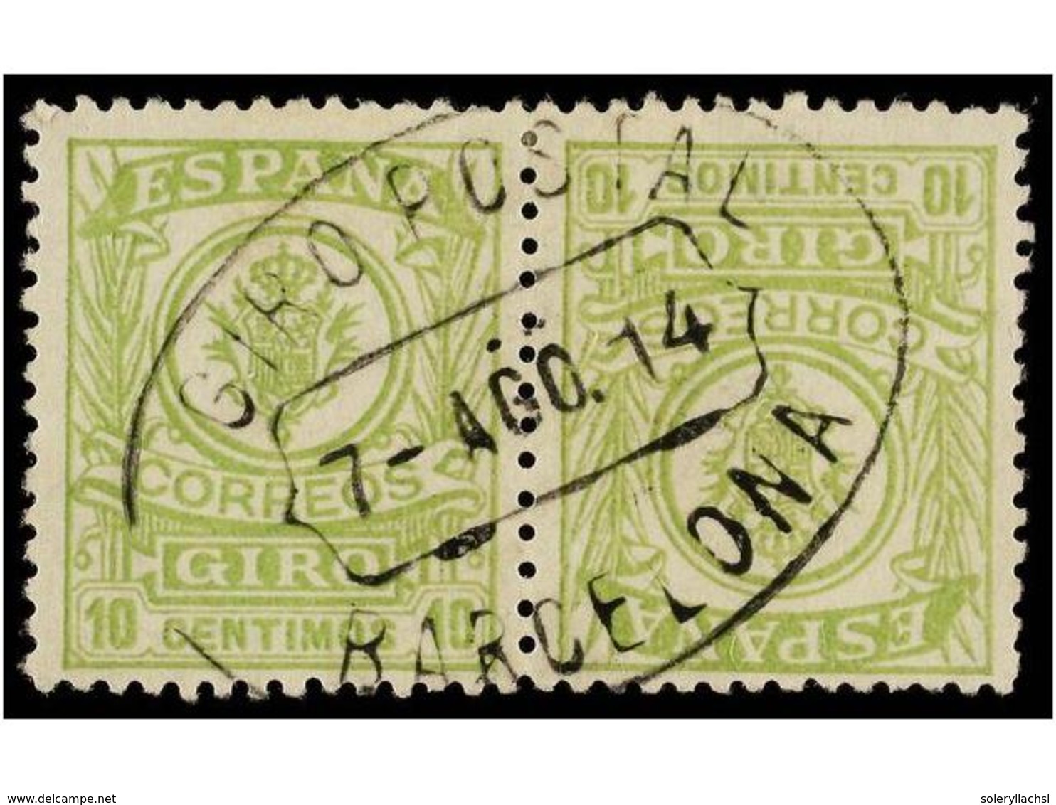 866 ° ESPAÑA: GIRO POSTAL. Ed.2ii. <B>10 Cents.</B> Verde Amarillo. Pareja CAPICUA. PRECIOSA. Cat. 220?. - Autres & Non Classés