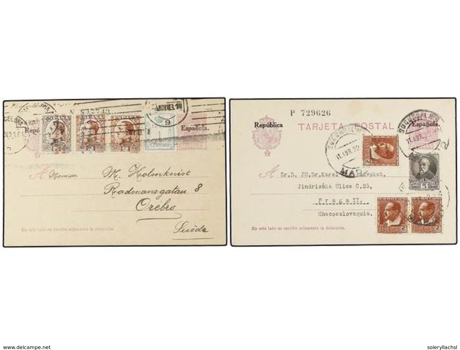 875 ESPAÑA ENTEROS POSTALES. Ed.61 (2). <B>15 Cts.</B> Violeta. Dos Tarjetas Circuladas Al Exterior Con Franqueos Comple - Sonstige & Ohne Zuordnung