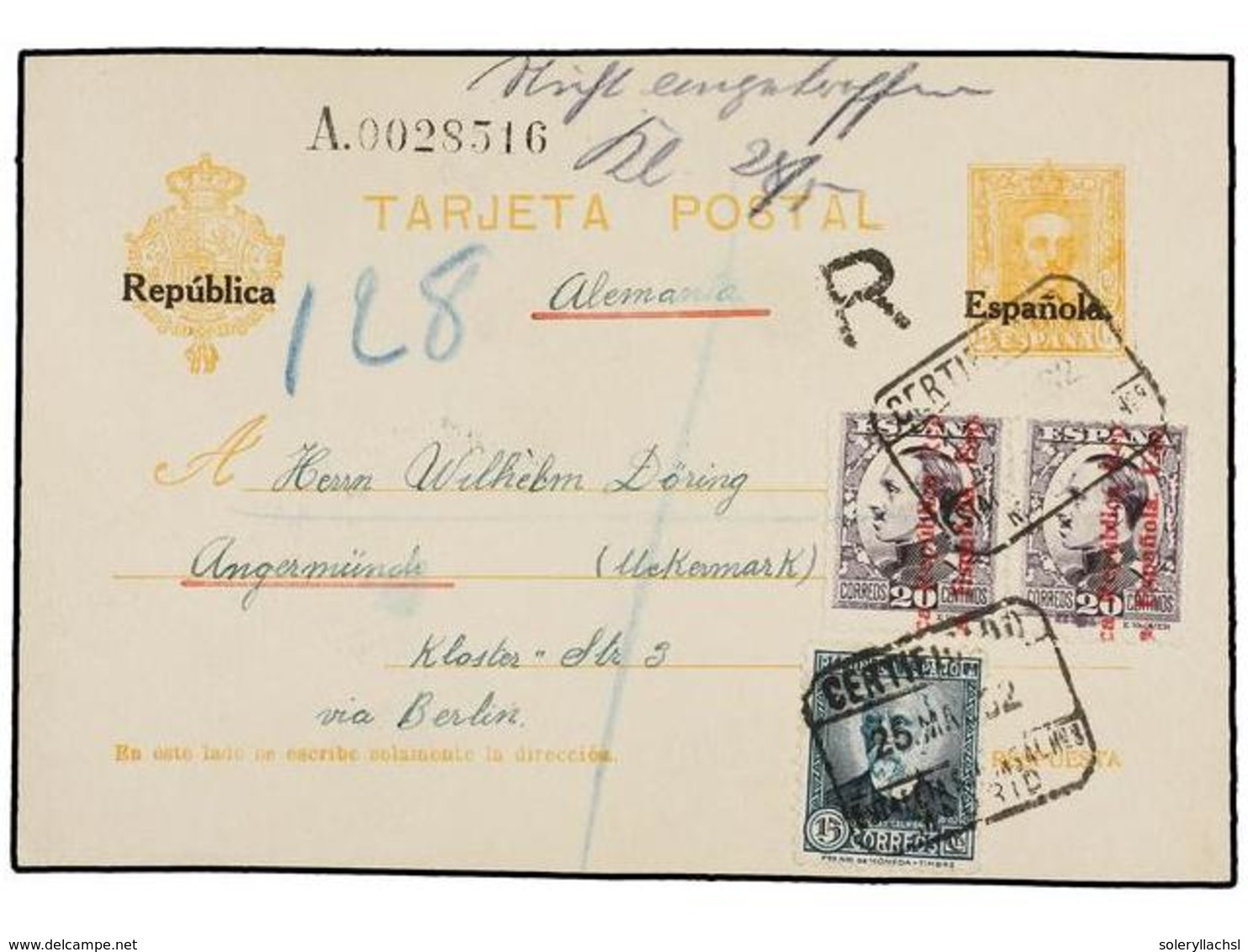 878 ESPAÑA ENTEROS POSTALES. Ed.64v. 1932. MADRID A ALEMANIA. <B>15 Cts.</B> Amarillo Con Franqueo Complementario De <B> - Altri & Non Classificati