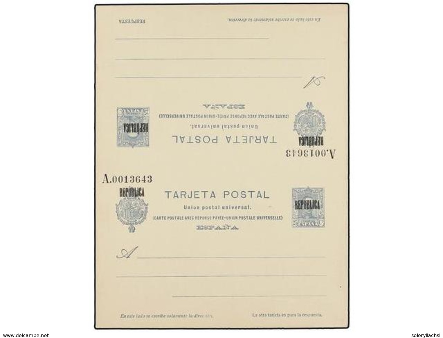 880 ESPAÑA ENTEROS POSTALES. Ed.60. <B>25 + 25 Cts.</B> Azul Entero Doble<B> </B>sin Doblar. Habilitación <B>REPUBLICA</ - Other & Unclassified