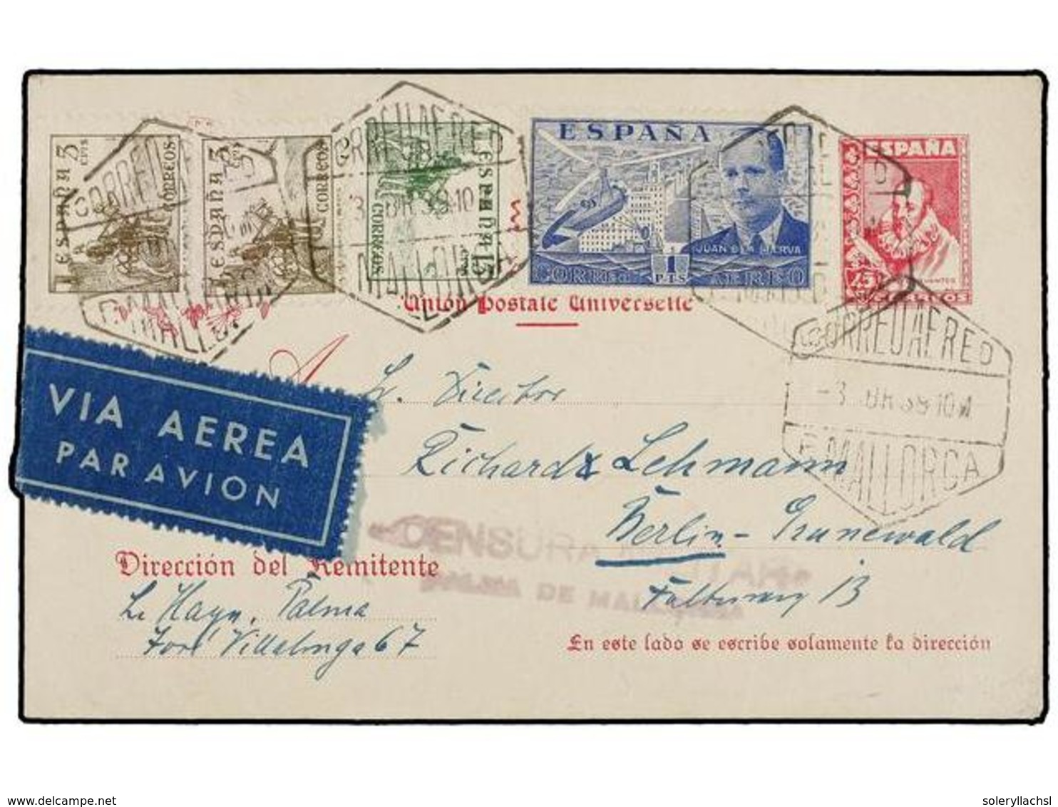 884 ESPAÑA ENTEROS POSTALES. Ed.84. 1939. PALMA DE MALLORCA A ALEMANIA. <B>45 Cts.</B> Rosa Con Franqueo Adicional De <B - Autres & Non Classés