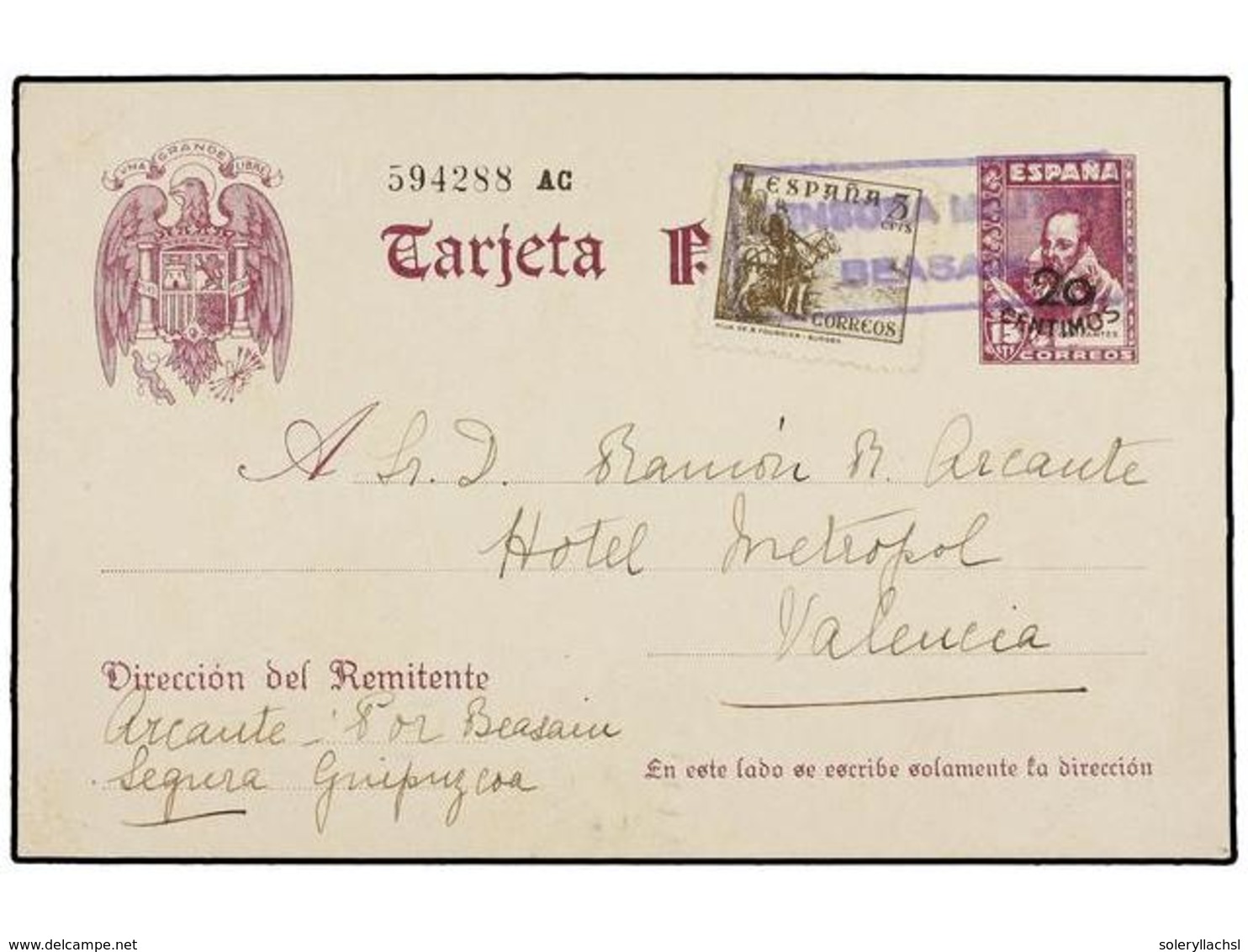 886 ESPAÑA ENTEROS POSTALES. Ed.85. 1939. SEGURA (Guipúzcoa) A VALENCIA. <B>20 Cents. S. 15 Cts.</B> Violeta Con Franque - Other & Unclassified