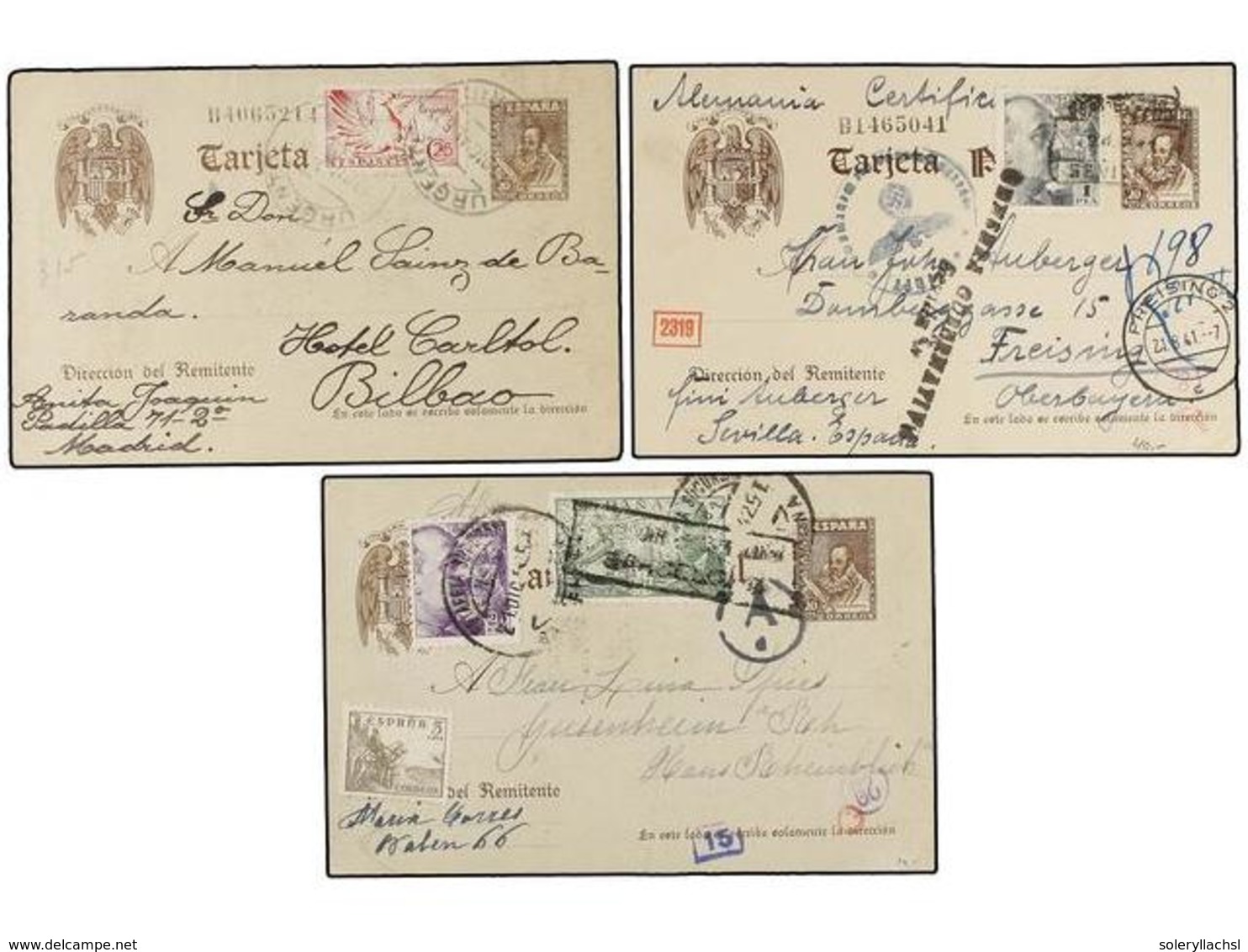 887 ESPAÑA ENTEROS POSTALES. Ed.86 (5). <B>15 Cts.</B> Castaño. Cinco Enteros Postales Circulados Al Exterior Con Difere - Autres & Non Classés