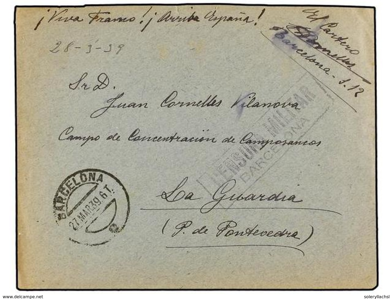 897 ESPAÑA GUERRA CIVIL. 1939. BARCELONA A LA GUARDIA (Pontevedra). Sobre Circulado Con Franquicia Del Cartero Dirigido  - Autres & Non Classés