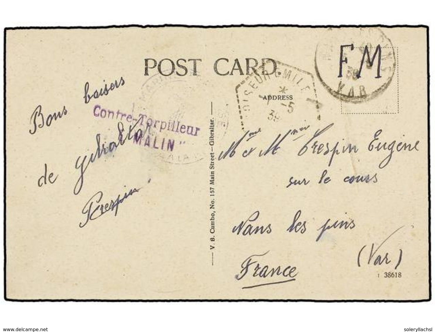 901 ESPAÑA GUERRA CIVIL. 1939. Tarjeta Postal Circulada A FRANCIA. Marca<B> CONTRE-TORPILLEUR 'MALIN'</B> Buque Francés  - Sonstige & Ohne Zuordnung