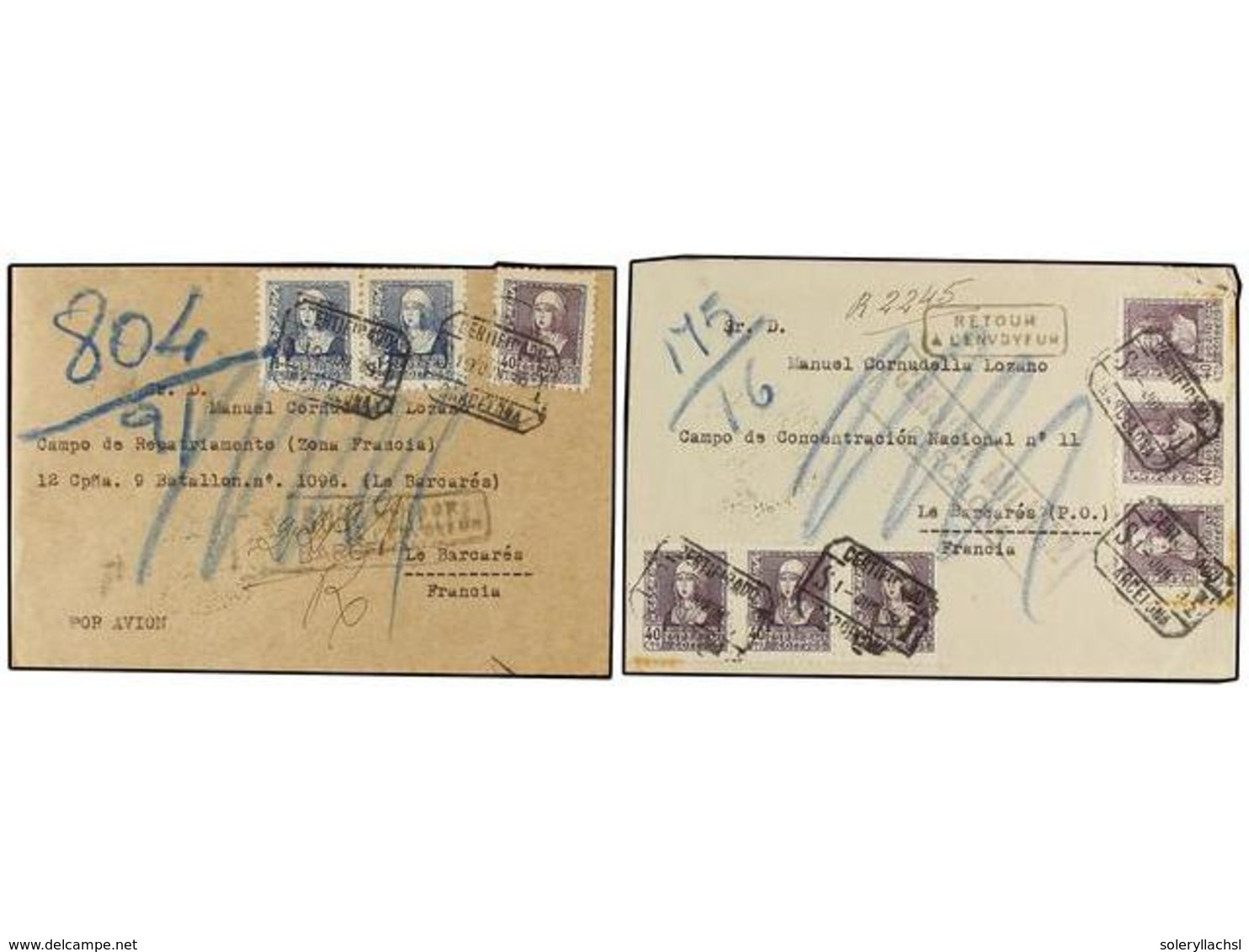 904 ESPAÑA GUERRA CIVIL. 1939. Dos Cartas Certifcadas Circuladas Desde BARCELONA Y Dirigidas A Un Prisionero Español En  - Autres & Non Classés