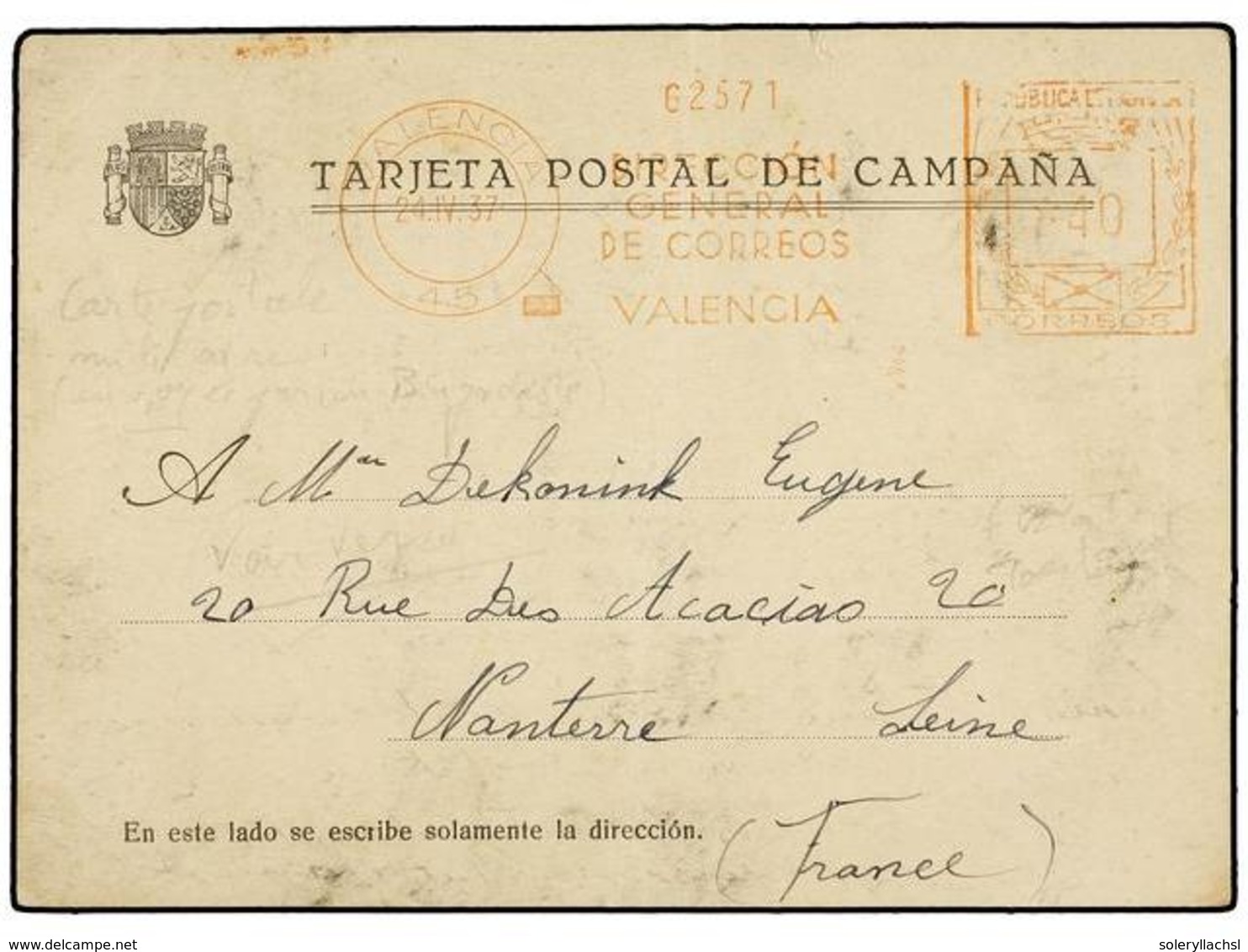 908 ESPAÑA GUERRA CIVIL. 1937. <B>BRIGADAS INTERNACIONALES. </B>Tarjeta Postal Fechada <I>'en Campagne'</I> Circulada A  - Autres & Non Classés