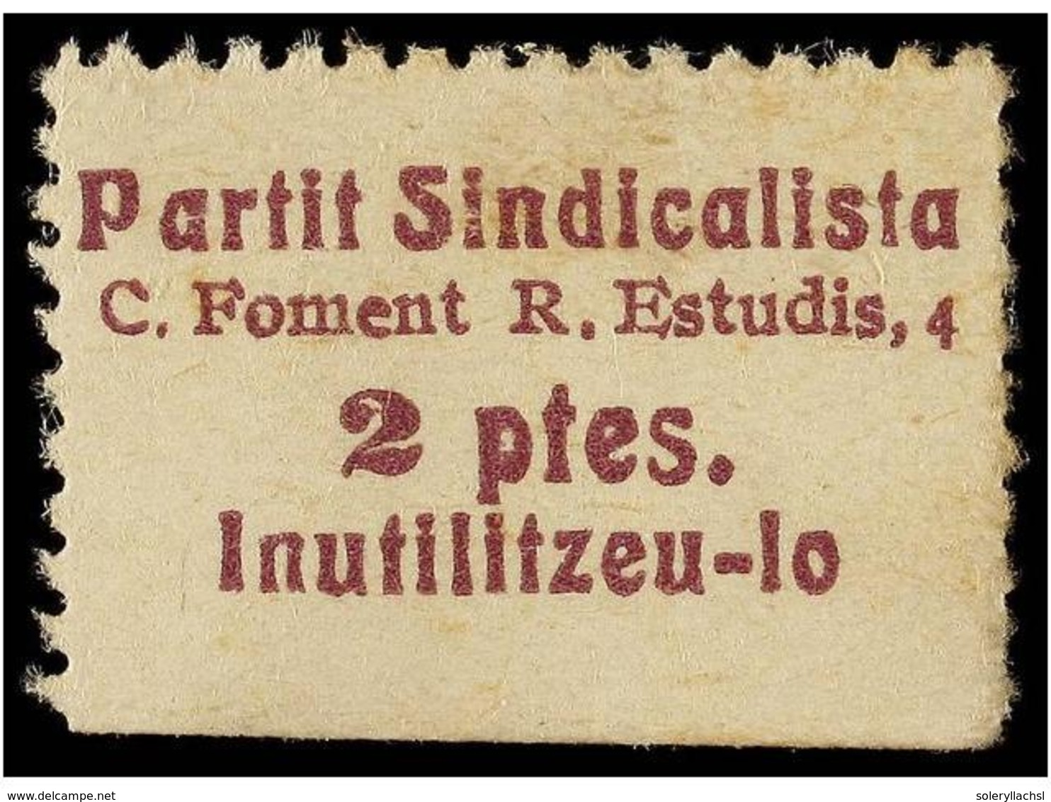 916 ESPAÑA GUERRA CIVIL. <B>BARCELONA. 2 Pts.</B> Violeta<B> PARTIT SINDICALISTA </B>(Allepuz 20). RARA. - Other & Unclassified