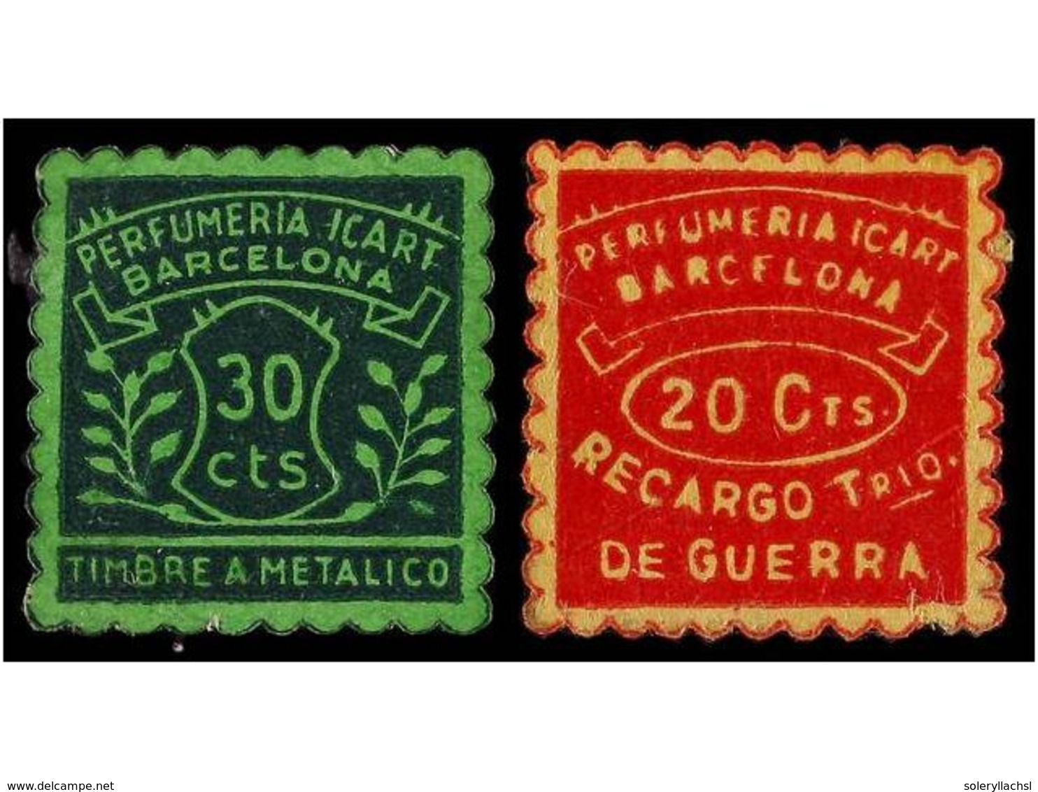 917 ESPAÑA GUERRA CIVIL. <B>BARCELONA. 20 Cts.</B> Rojo Y <B>30 Cts.</B> Verde<B> PERFUMERÍA RICART, RECARGO TRIO DE GUE - Sonstige & Ohne Zuordnung