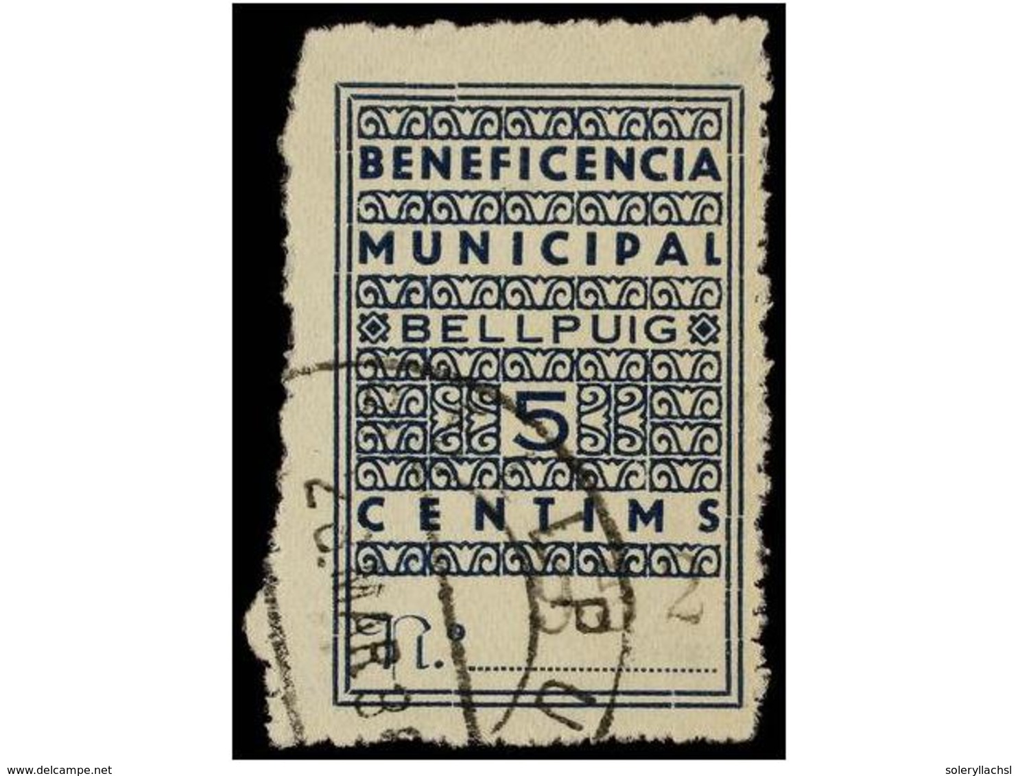 919 ESPAÑA GUERRA CIVIL. <B>BELLPUIG. 5 Cents.</B> Azul<B> BENEFICENCIA MUNICIPAL. </B>Rarísimo, Valor No Reseñado En Al - Sonstige & Ohne Zuordnung