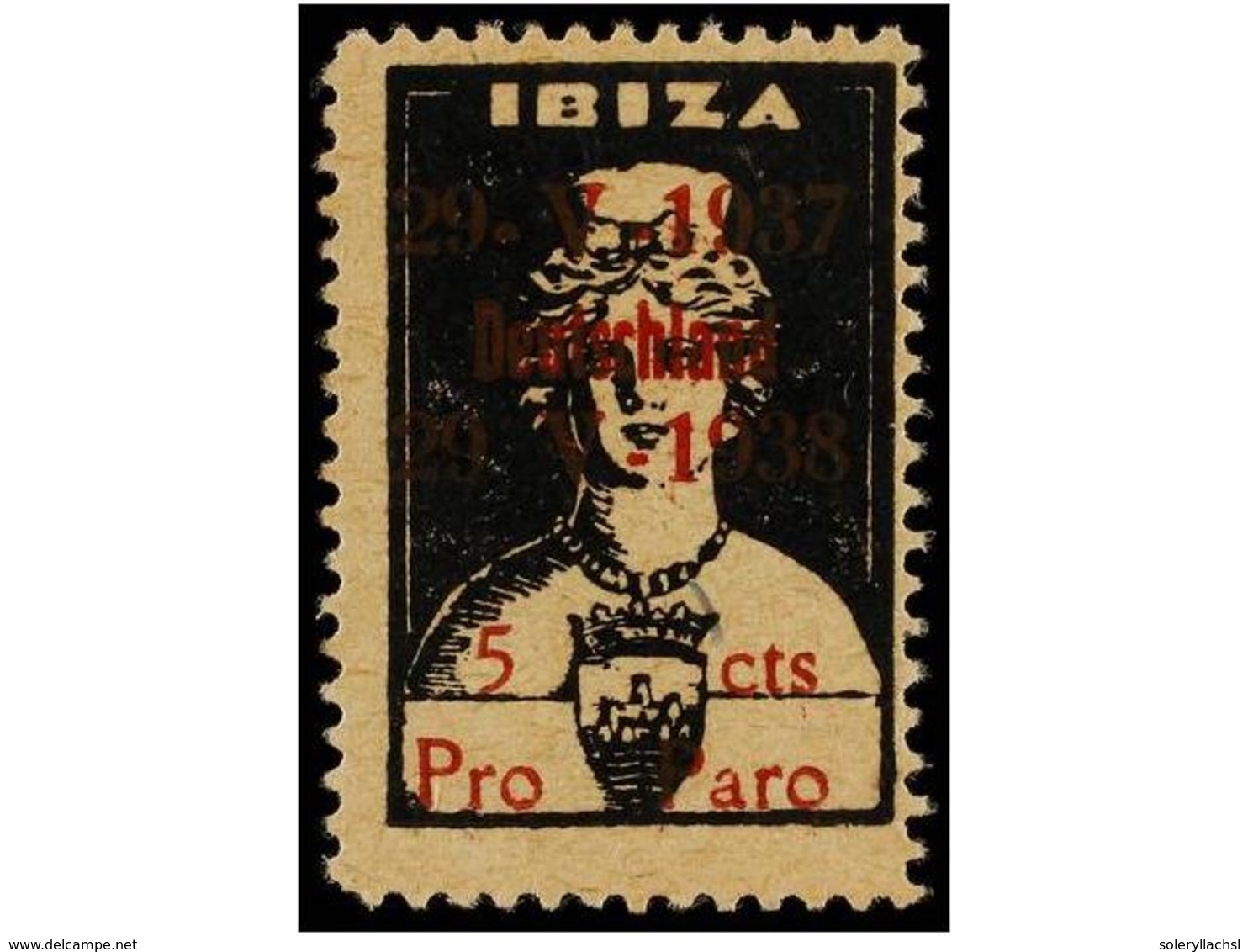 920 ESPAÑA GUERRA CIVIL. <B>IBIZA. 5 Cts.</B> Azul<B> PRO-PARO.</B> Habilitación<B> 27-7-1937/DEUTSCHLAND.</B> Conmemora - Autres & Non Classés