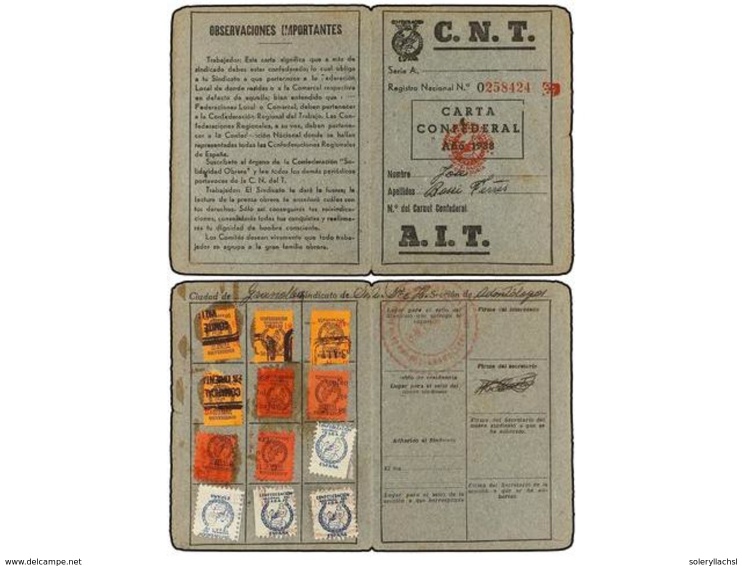 932 ESPAÑA GUERRA CIVIL. 1937-38. <B>CARNET DE LA CNT/AIT</B> Con Cupones De Cuota En El Interior. - Other & Unclassified