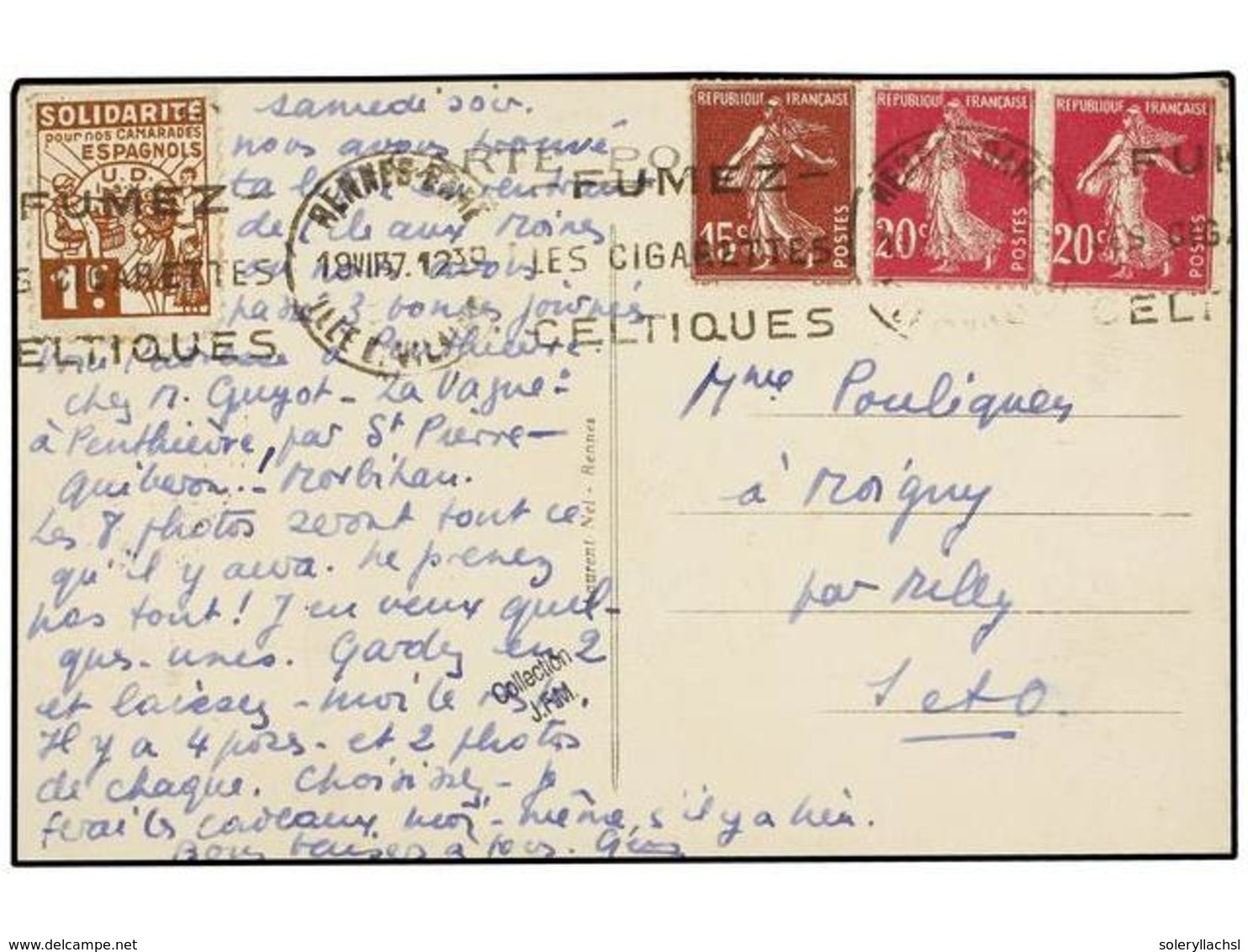 937 ESPAÑA GUERRA CIVIL. 1937. RENNES A SETO. Tarjeta Postal Circulada Con Sellos Franceses De <B>15 Cts.</B> Y <B>20 Ct - Autres & Non Classés