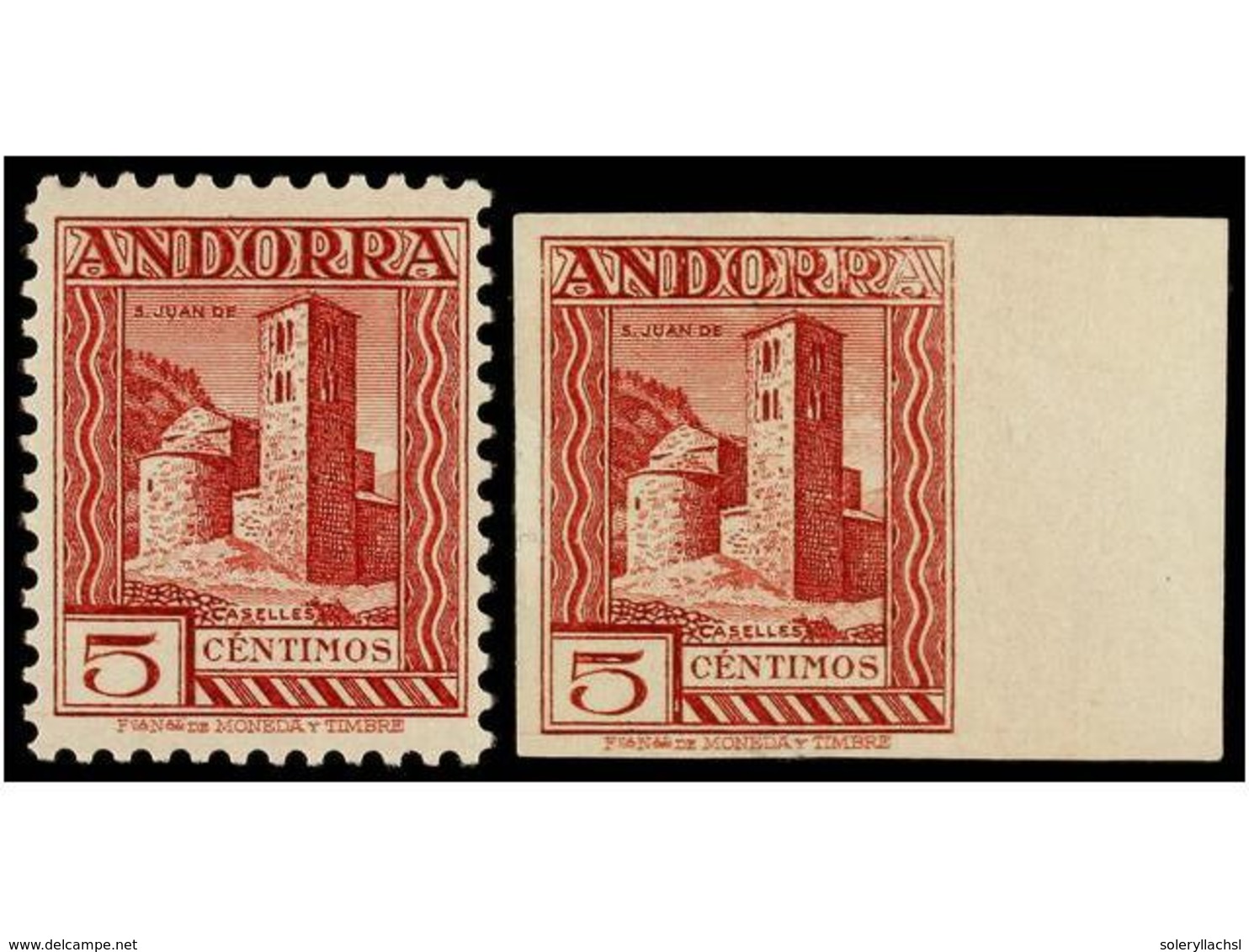 955 * COLONIAS ESPAÑOLAS: ANDORRA. Ed.29ec, 29ecs. <B>5 Cts.</B> Lila.<B> CAMBIO DE COLOR DENTADO</B> Y <B>SIN DENTAR. < - Other & Unclassified