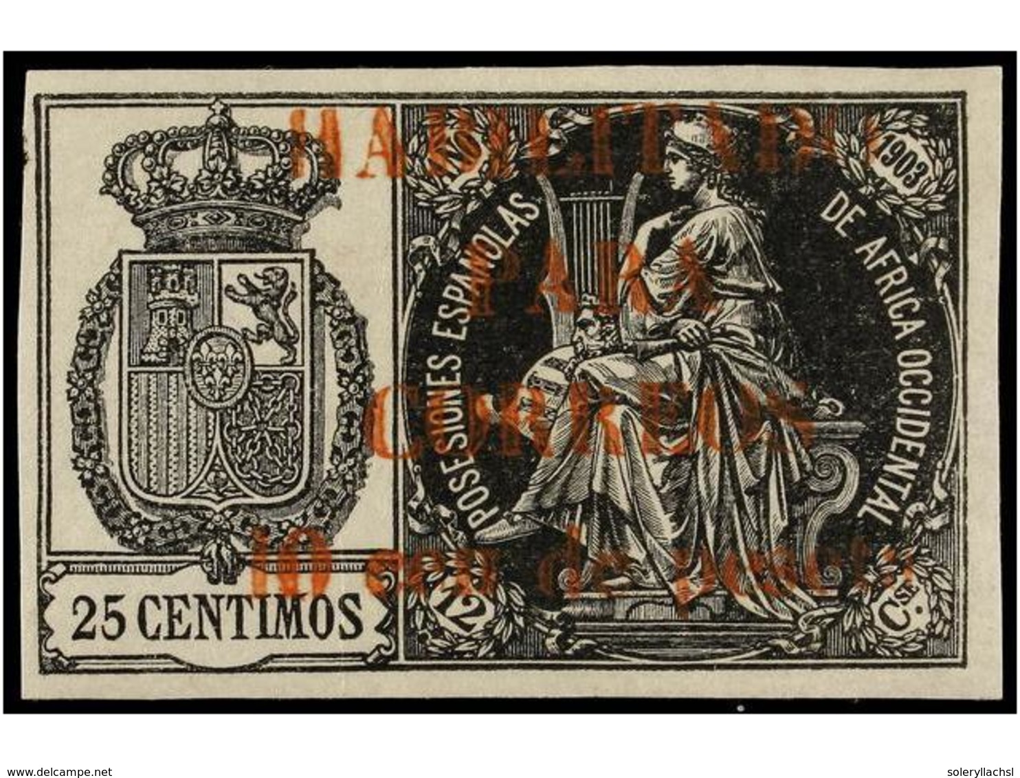 1001 * COLONIAS ESPAÑOLAS: GUINEA. Ed.26A. <B>10 Cts. S. 25 Cts.</B> Negro, <B>HABILITACIÓN EN ROJO</B>. MUY BONITO Y RA - Other & Unclassified