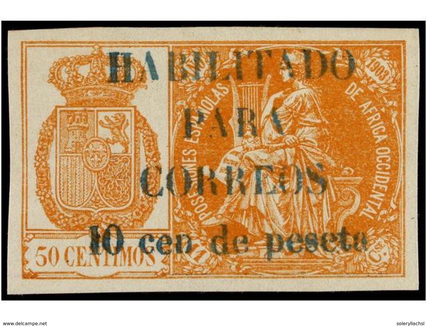 1002 * COLONIAS ESPAÑOLAS: GUINEA. Ed.26D. <B>10 Cent. S. 50 Cts.</B> Naranja, <B>HABILITACIÓN EN AZUL. </B> Cat. 180?. - Autres & Non Classés