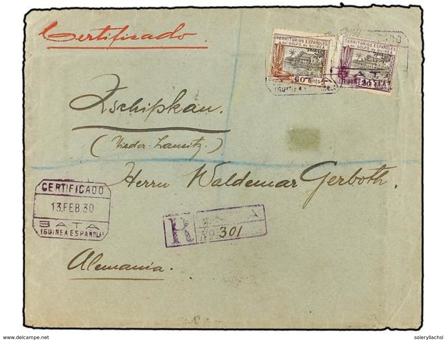 1016 COLONIAS ESPAÑOLAS: GUINEA. Ed.170, 175. 1930. BATA A ALEMANIA. <B>20 Cts.</B> Y <B>60 Cts.</B> Carta Certificada,  - Sonstige & Ohne Zuordnung