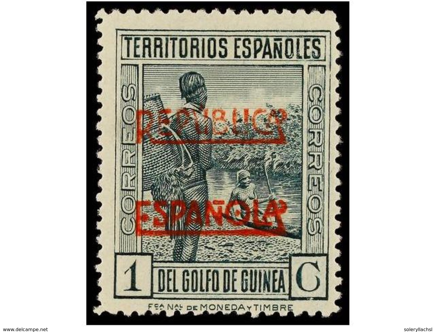 1021 * COLONIAS ESPAÑOLAS: GUINEA. Ed.216Bcc. <B>1 Cto.</B> Verde. Habilitación En <B>ROJO, COLOR CAMBIADO.</B> Cat. 50? - Sonstige & Ohne Zuordnung