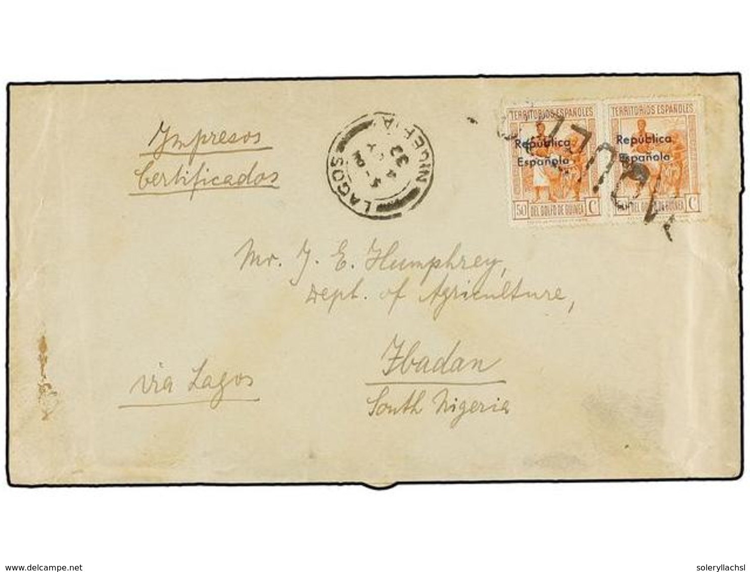 1023 COLONIAS ESPAÑOLAS: GUINEA. Ed.239 (2). 1932. SANTA ISABEL A IBADAN (Nigeria). <B>50 Cts.</B> Naranja (2), Mat. Lin - Sonstige & Ohne Zuordnung