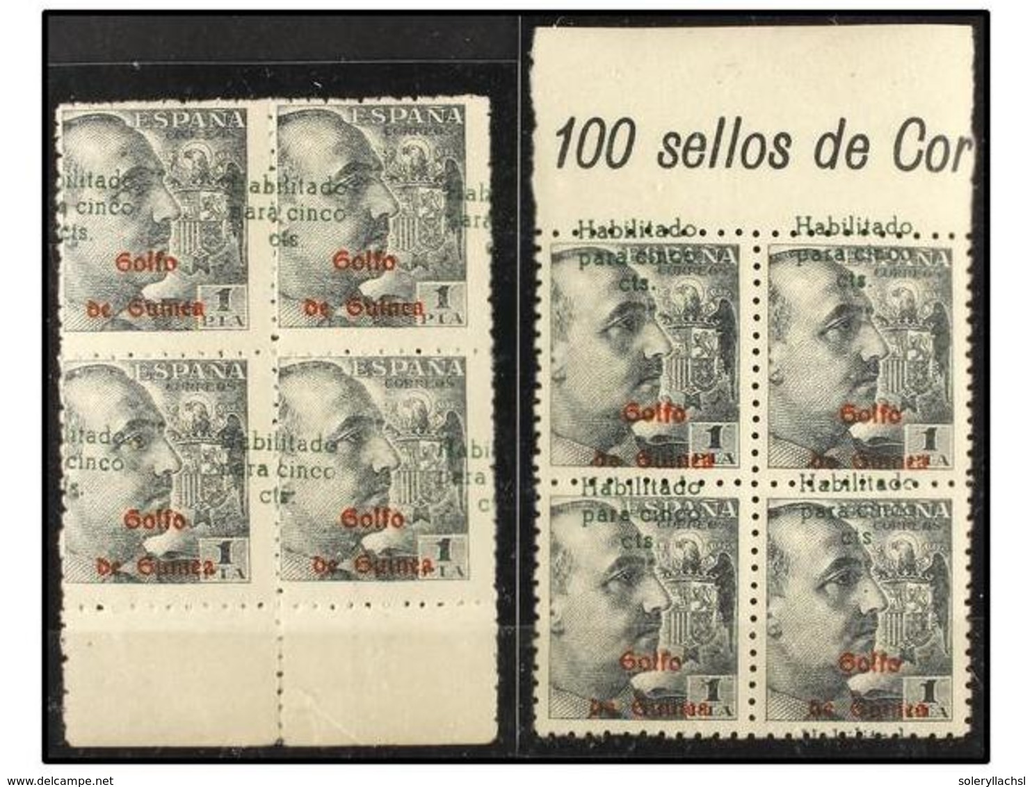 1030 * COLONIAS ESPAÑOLAS: GUINEA. Ed.273Ahe. <B>5 Cts. S. 1 Pta.</B> Gris. Dos Bloques De Cuatro<B> HABILITACIONES DESP - Sonstige & Ohne Zuordnung