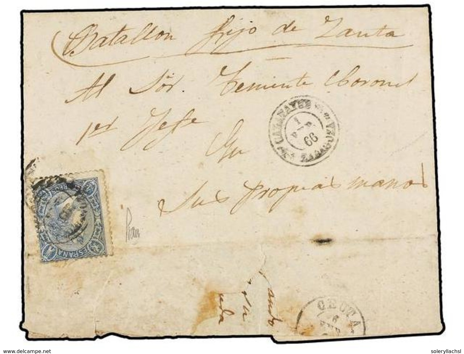 1041 MARRUECOS. 1866 (1 Enero). CALATAYUD A CEUTA. Carta Enviada A Un Militar De Campaña Circulada Con Sello De <B>4 Cua - Autres & Non Classés