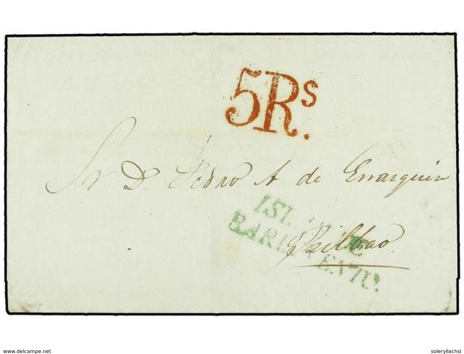 1086 PUERTO RICO. 1844. GUAYAMA (Pto. Rico) A BILBAO. Marca <B>ISLAS DE BARLOVENTO</B> En Color Verde, Estampada A La Ll - Sonstige & Ohne Zuordnung