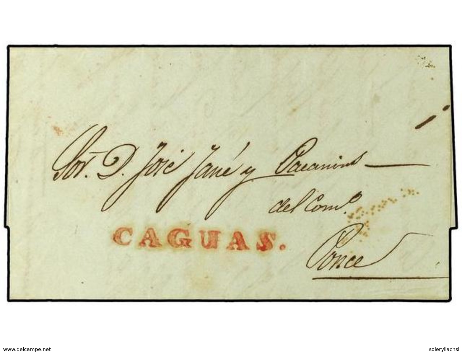 1088 COLONIAS ESPAÑOLAS: PUERTO RICO. 1846. CAGUAS A PONCE. Marca Lineal <B>CAGUAS</B> En Rojo. Magnífica Y Rara En Cart - Autres & Non Classés