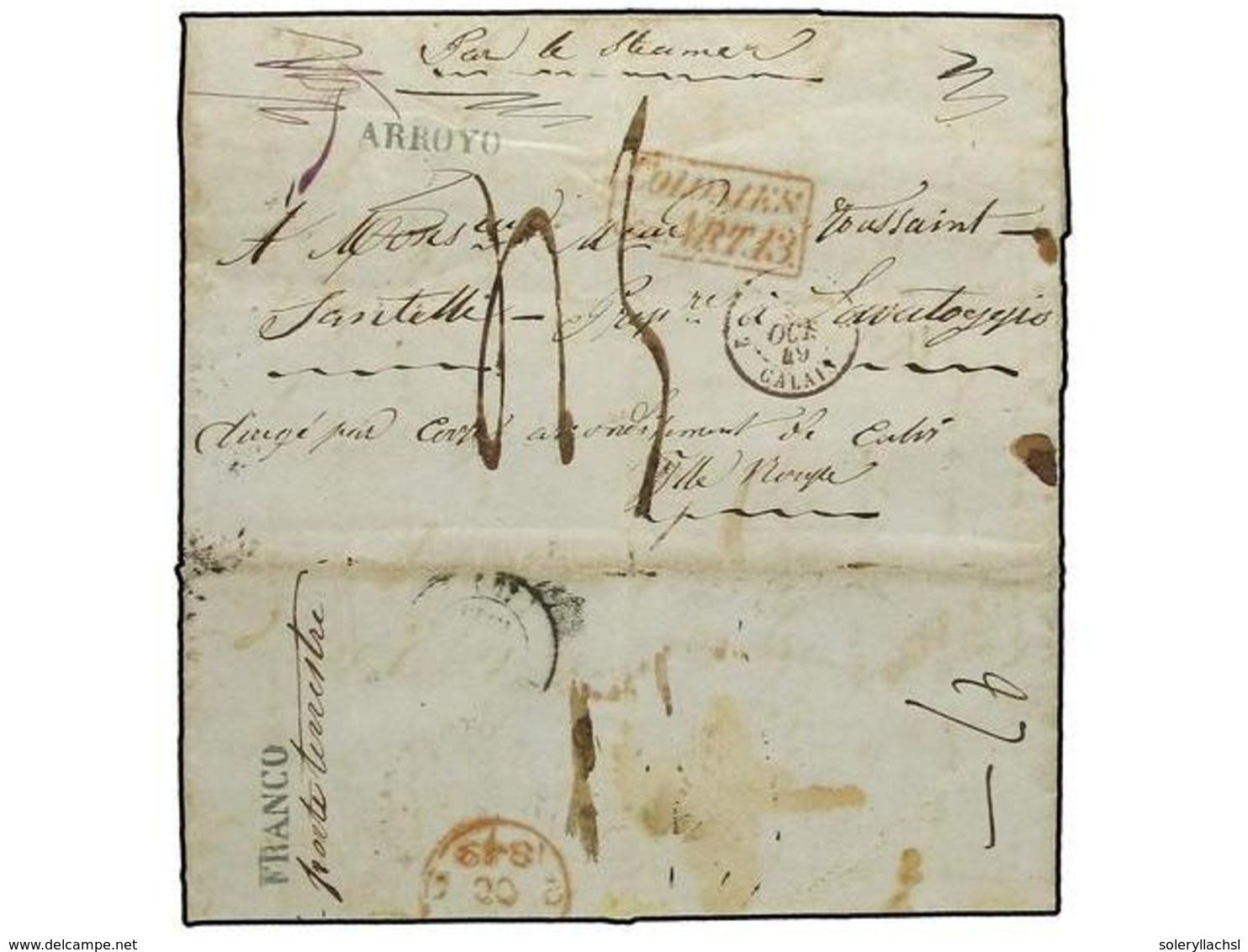 1090 COLONIAS ESPAÑOLAS: PUERTO RICO. 1849. ARROYO A FRANCIA. Marca <B>ARROYO</B> En El Frente Y <B>FRANCO</B> Al Dorso  - Altri & Non Classificati