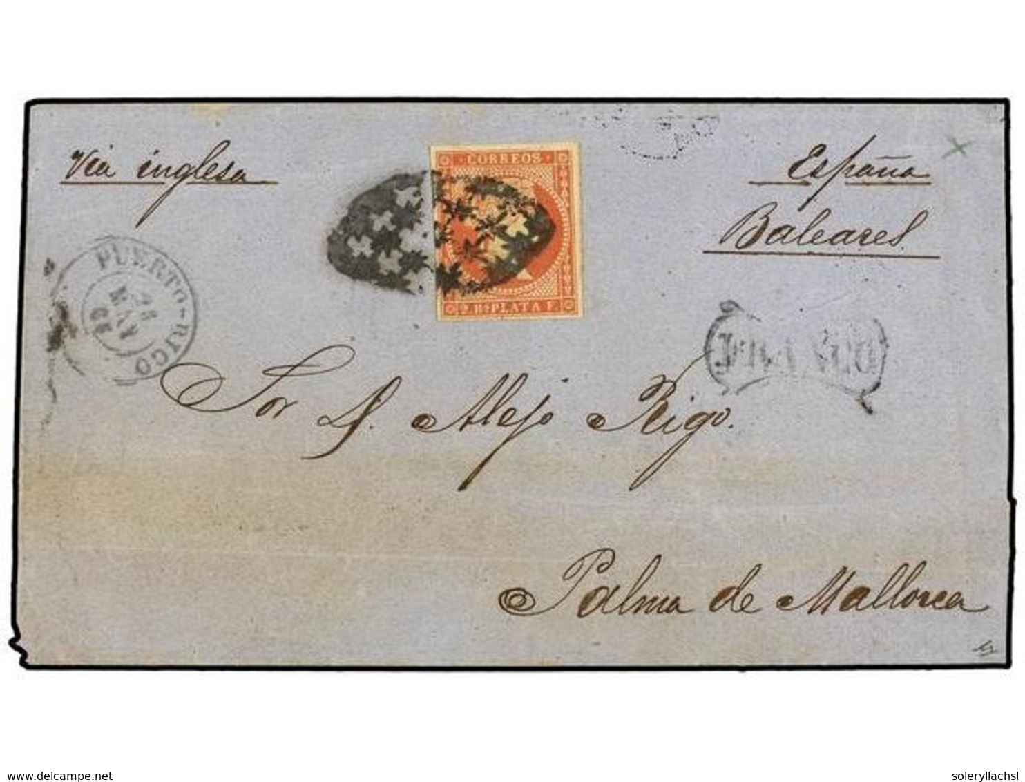 1093 PUERTO RICO. Ant.9. 1865. S. JUAN A PALMA DE MALLORCA. <B>2 Reales</B> Rojo, Mat. <B>PARRILLA COLONIAL</B> Y Marca  - Altri & Non Classificati